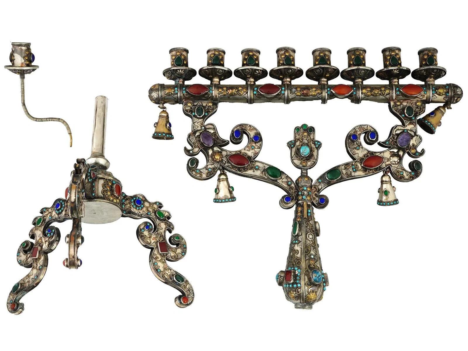 Unusual And Large Judaica Silver Plate Menorah With Gemstones In Good Condition For Sale In New York, NY