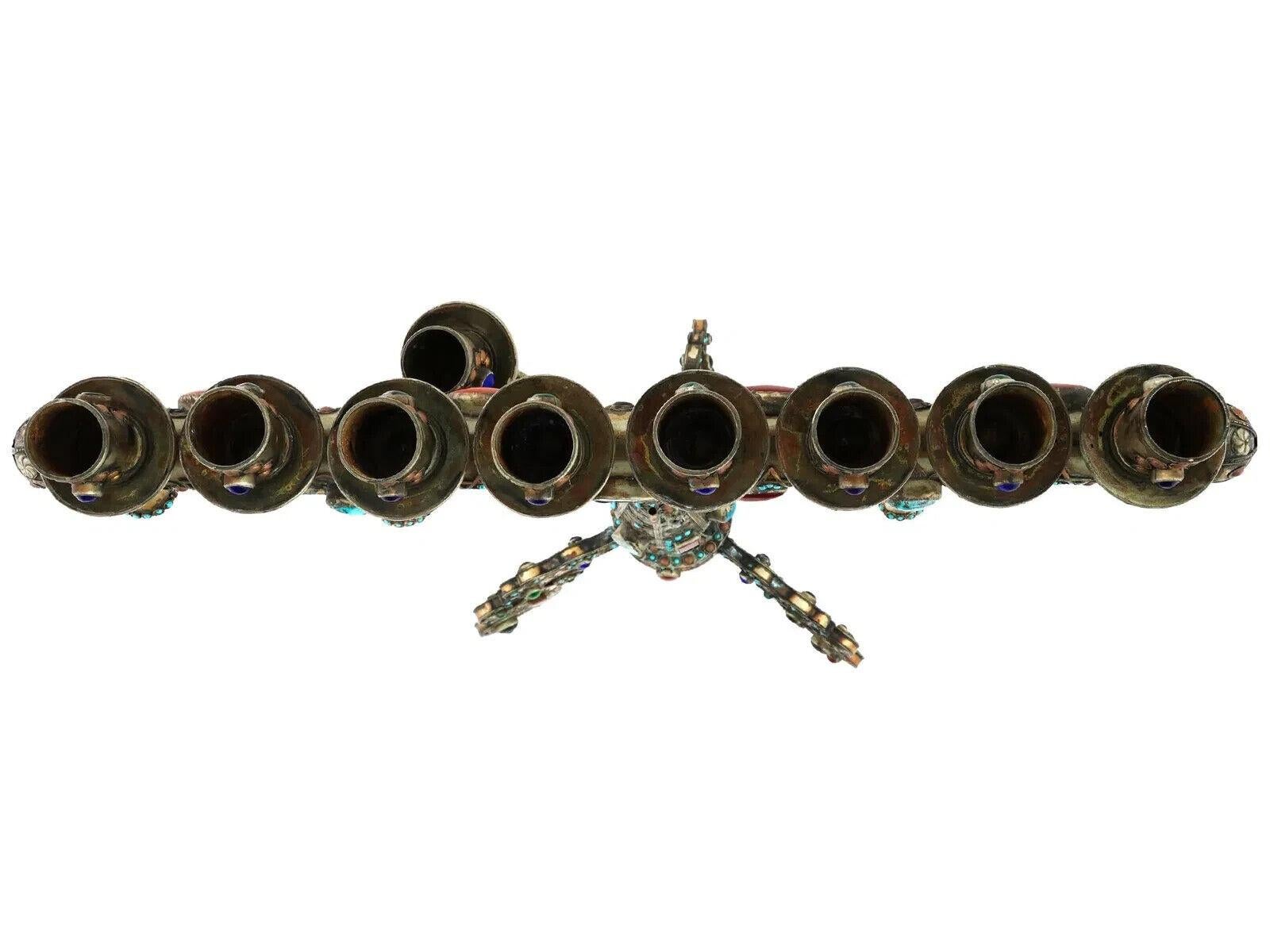 19th Century Unusual And Large Judaica Silver Plate Menorah With Gemstones For Sale