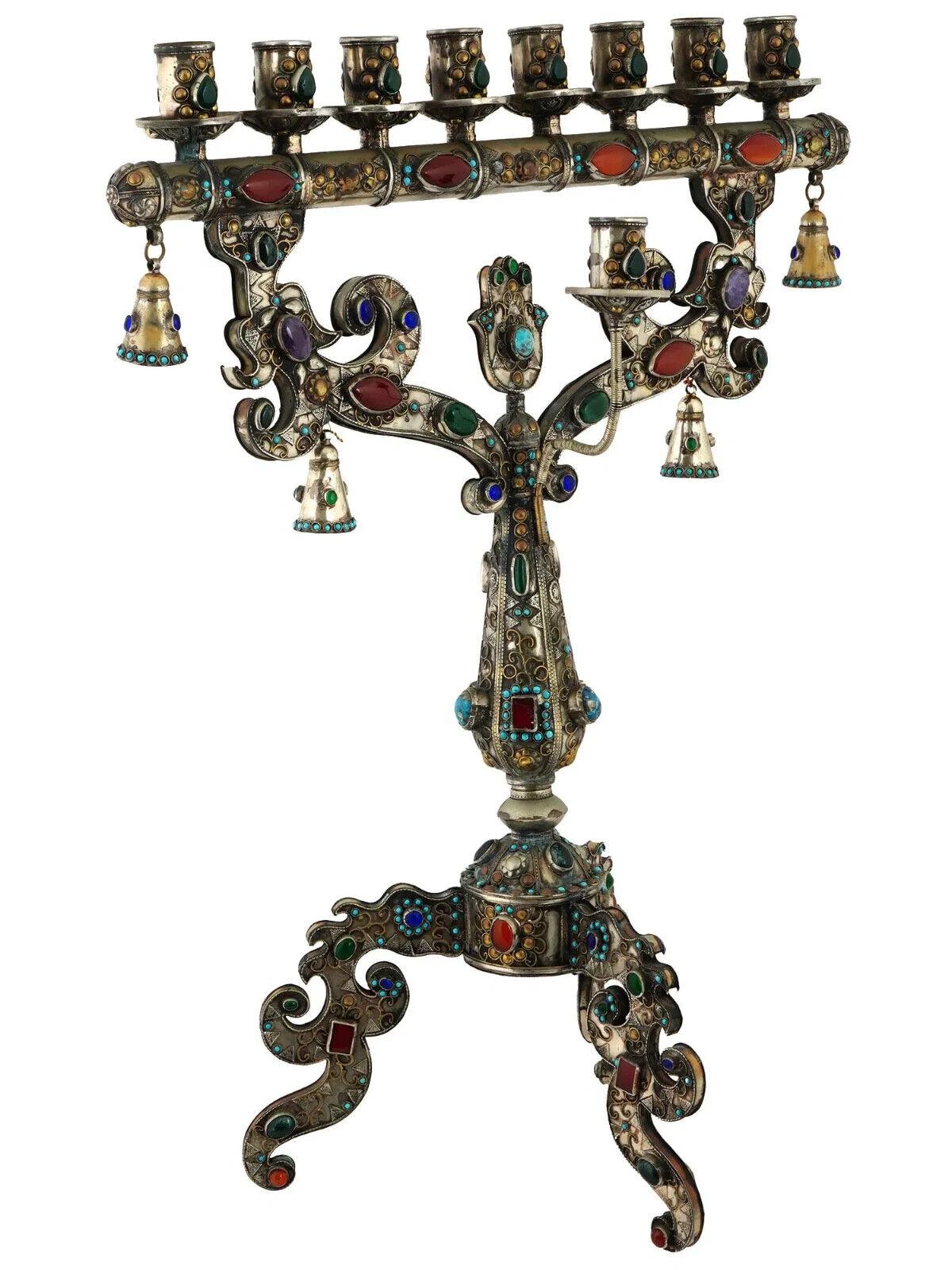 Unusual And Large Judaica Silver Plate Menorah With Gemstones