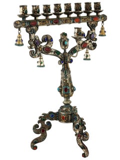 Unusual And Large Judaica Silver Plate Menorah With Gemstones