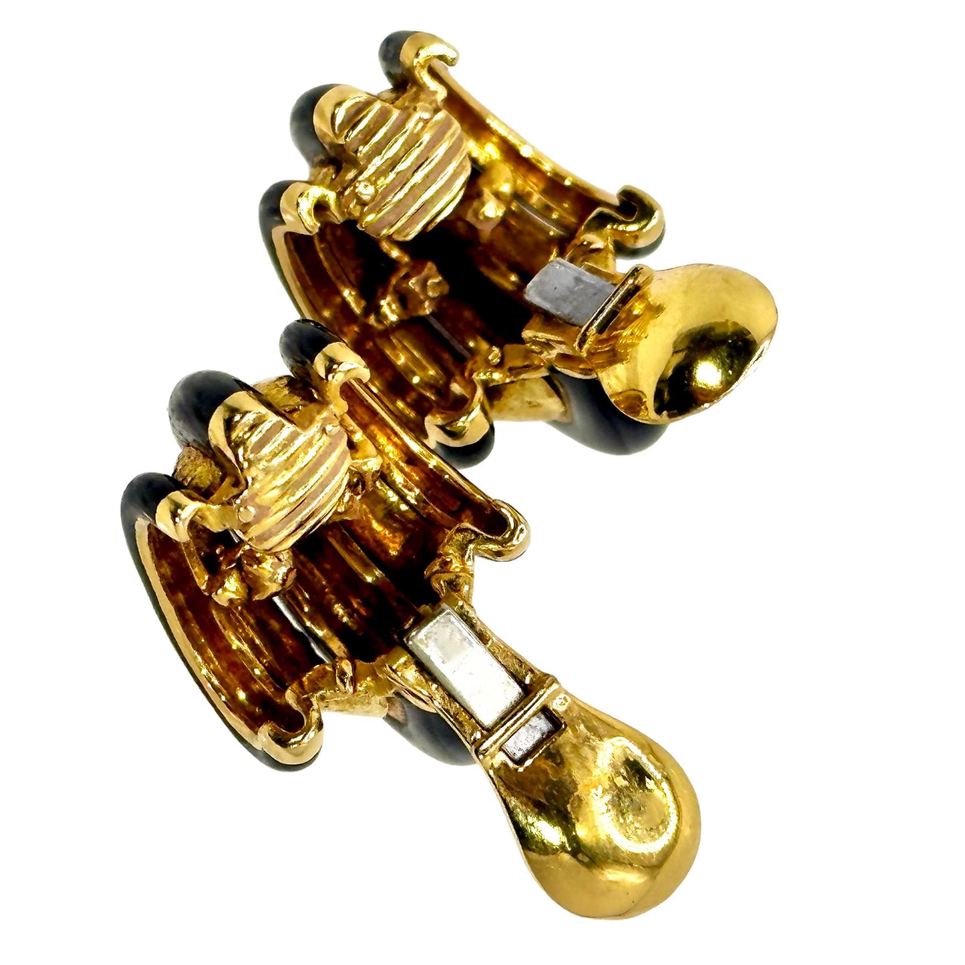 Modern Unusual and Outstanding David Webb 18K Gold and Black Enamel Hoop Earrings For Sale