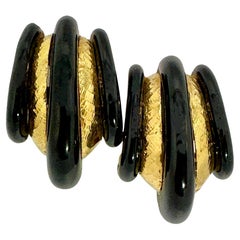 Unusual and Outstanding David Webb 18K Gold and Black Enamel Hoop Earrings