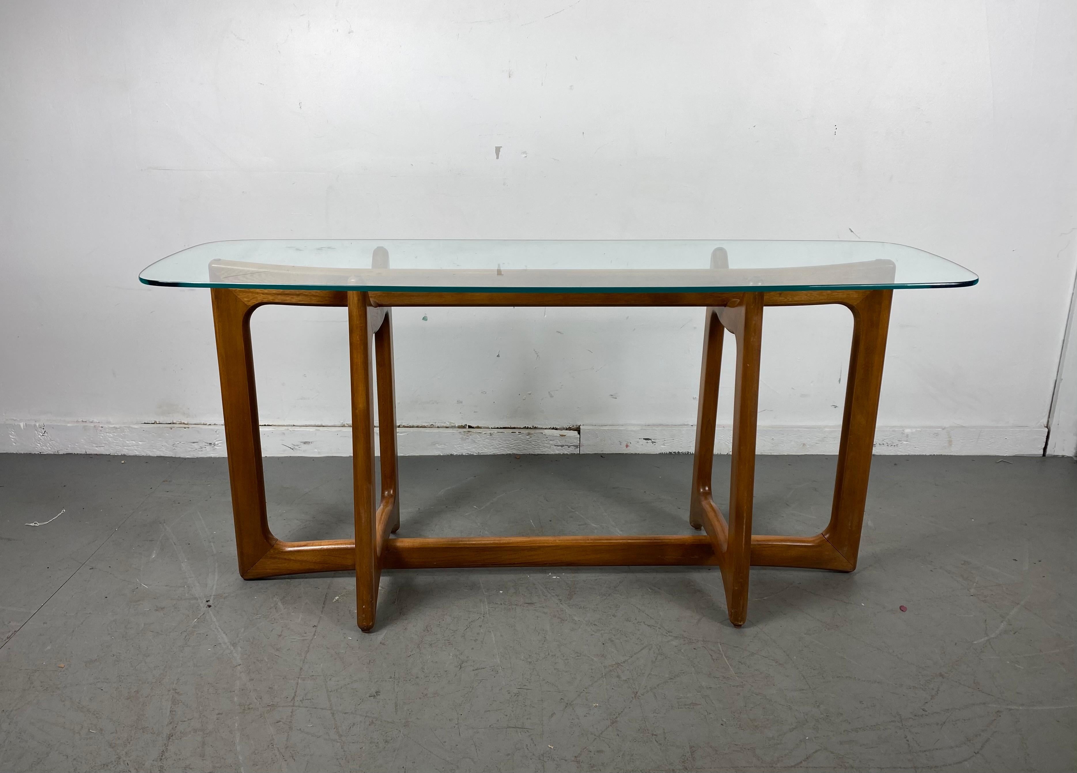 Amazing sculptural walnut and glass top console table designed by Adrian Pearsall, Classic midcentury modernist design, wonderful color, patina, 16 fit seamlessly into any modern, contemporary. Eclectic environment, hand delivery avail to New York