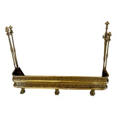 Unusual and Rare Quality Antique Regency Brass Fender with Original Fire Irons