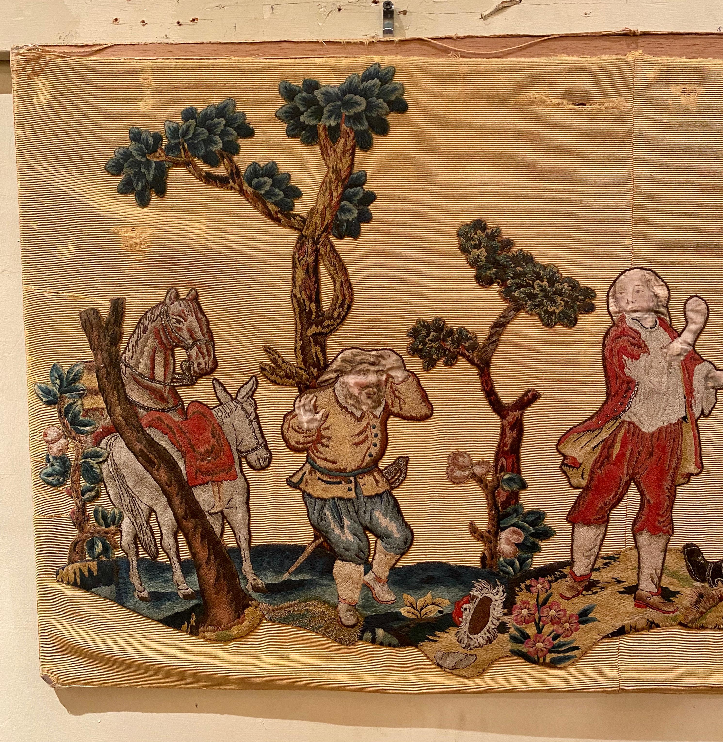Unusual antique 18th century Flemish (or French) needlework tapestry with countryside scenes.
 