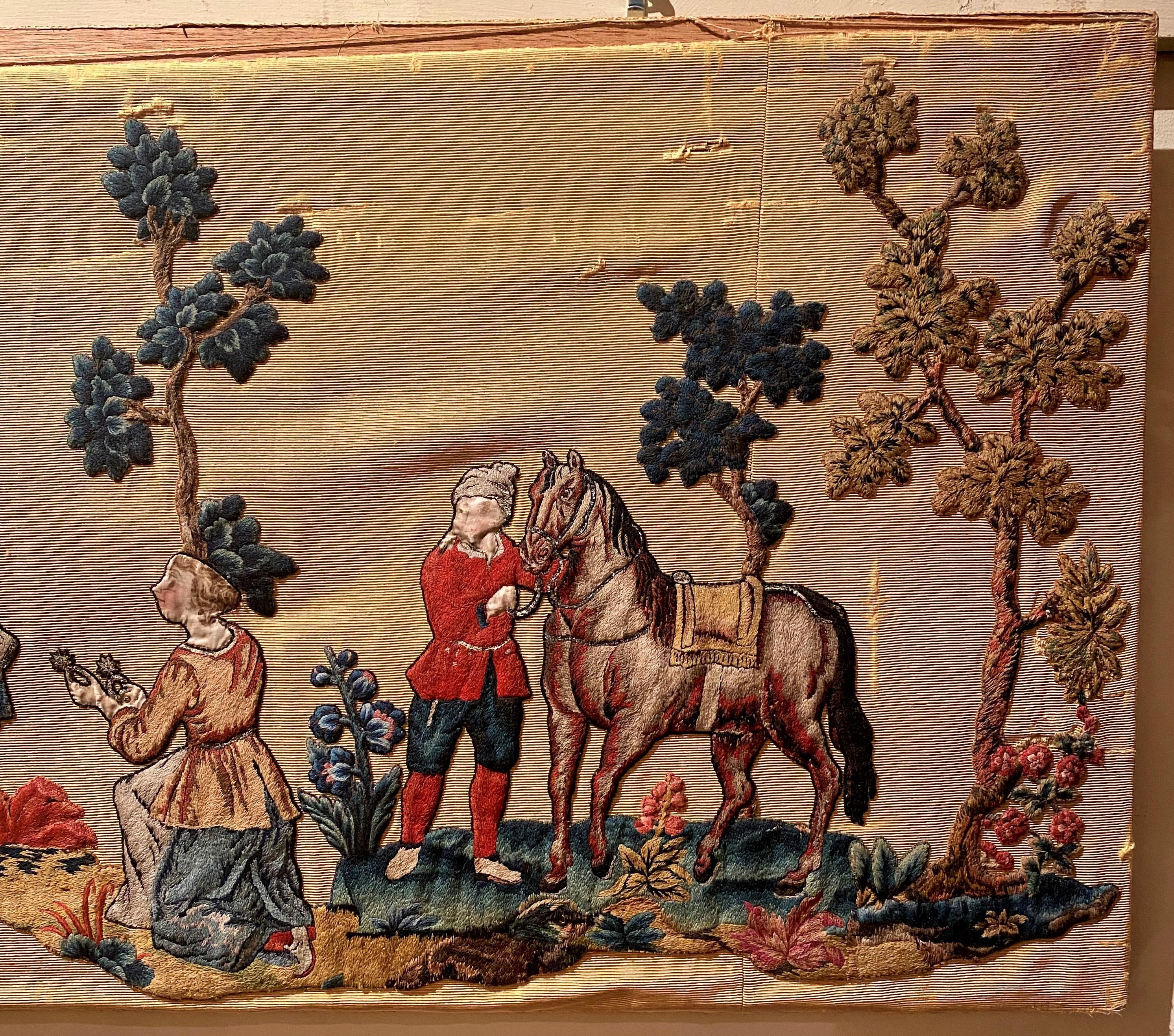 Unusual Antique 18th Century Flemish Needlework Tapestry In Fair Condition For Sale In New Orleans, LA