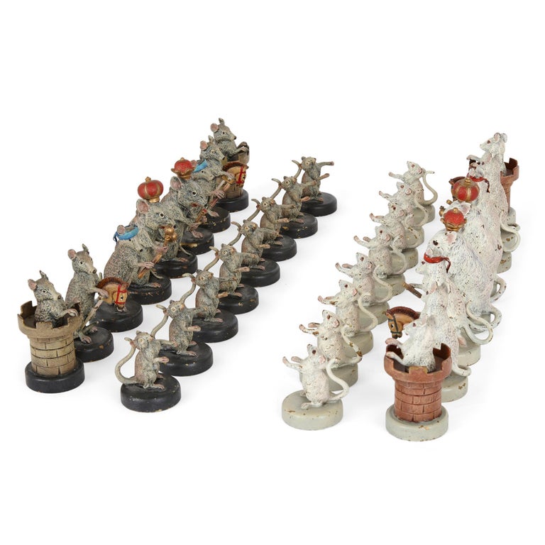Unusual antique Austrian bronze chess set by Franz Bergman
Austrian, circa 1905
Largest piece height 7cm, diameter 3cm
Smallest piece height 3.5cm, diameter 3cm

Comprising the full set of thirty-two pieces as mice, this chess set by Bergman is