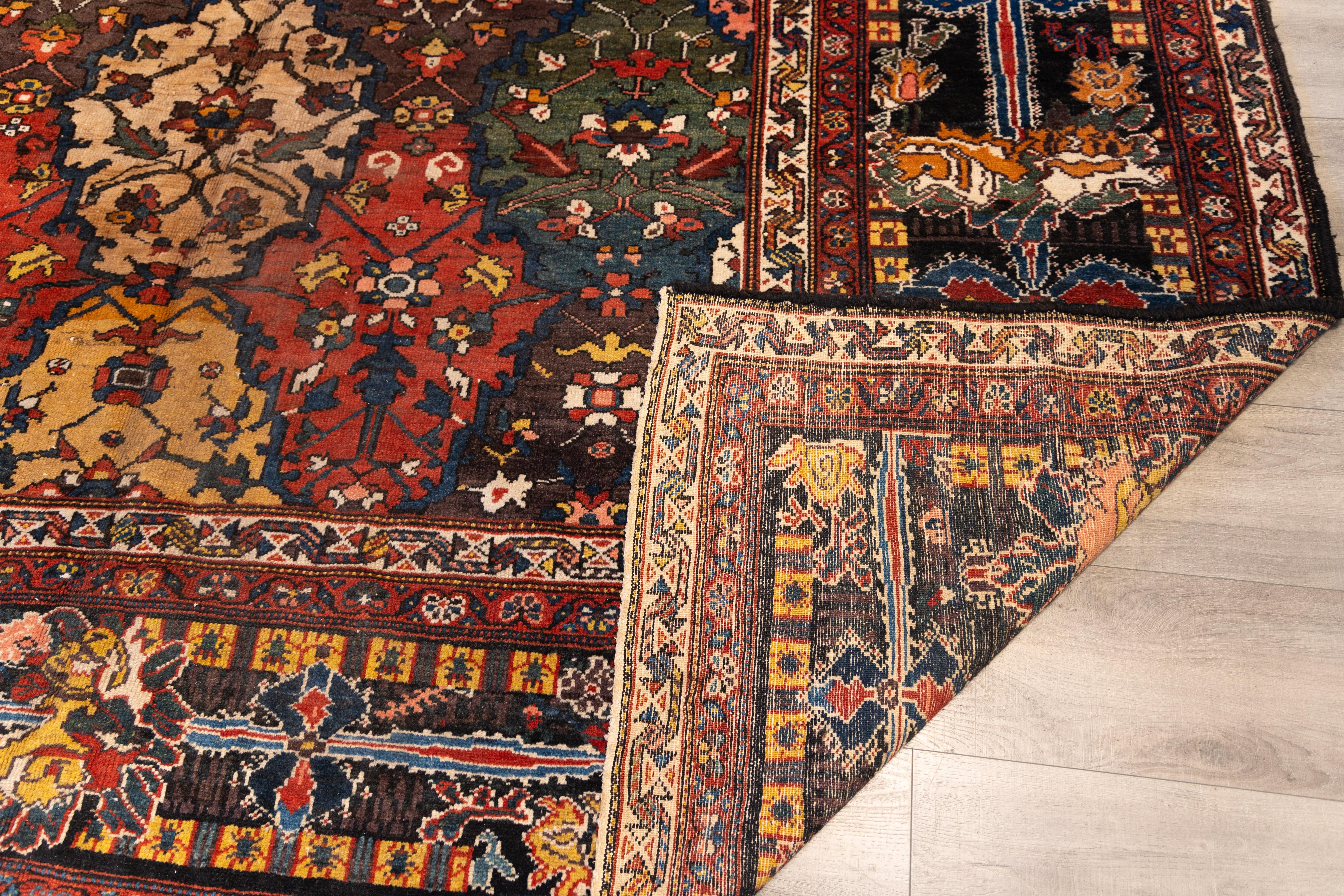 Vivid early 20th-century Bakhtiari carpet presents a dynamic 