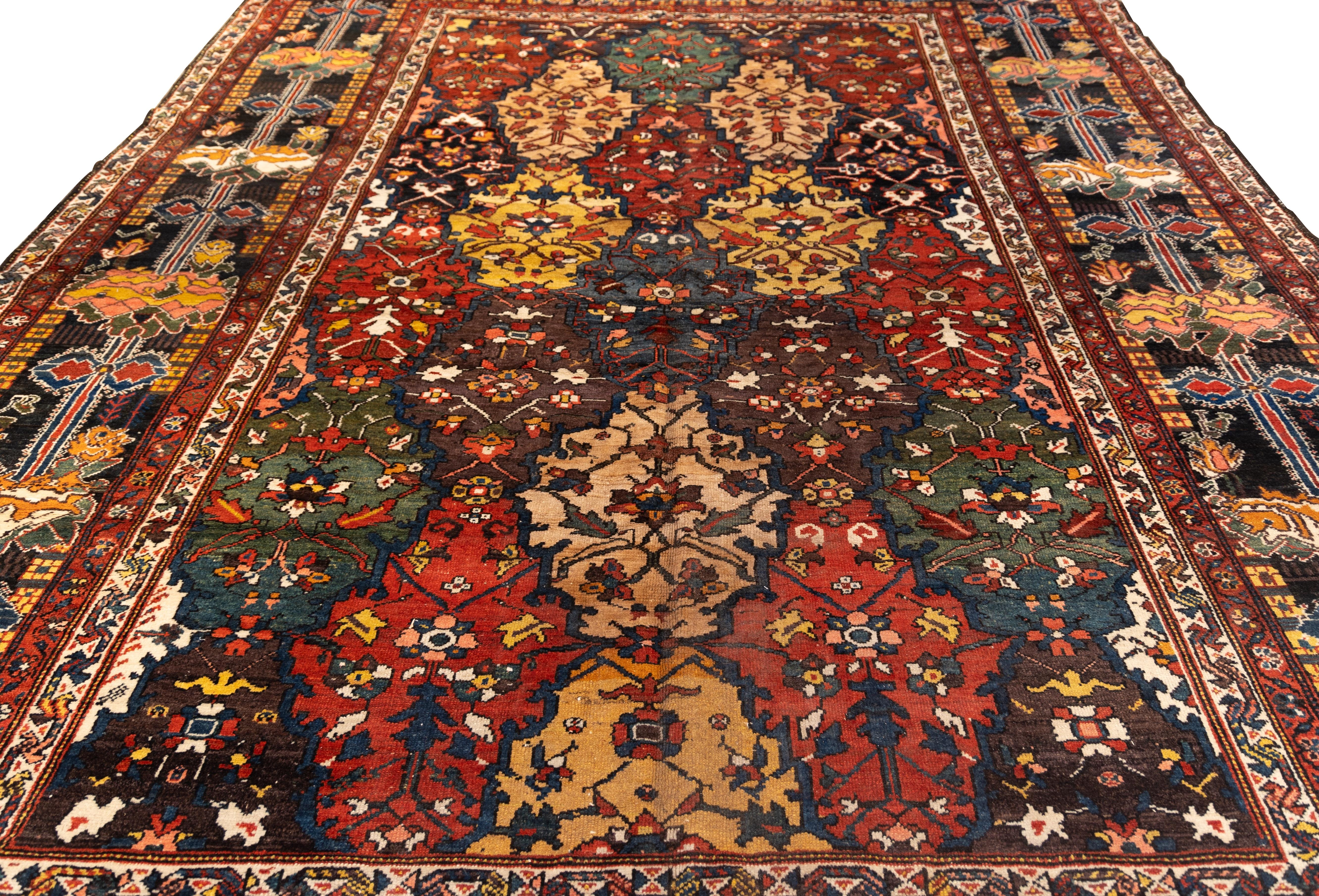 Vivid early 20th-century Bakhtiari carpet presents a dynamic 