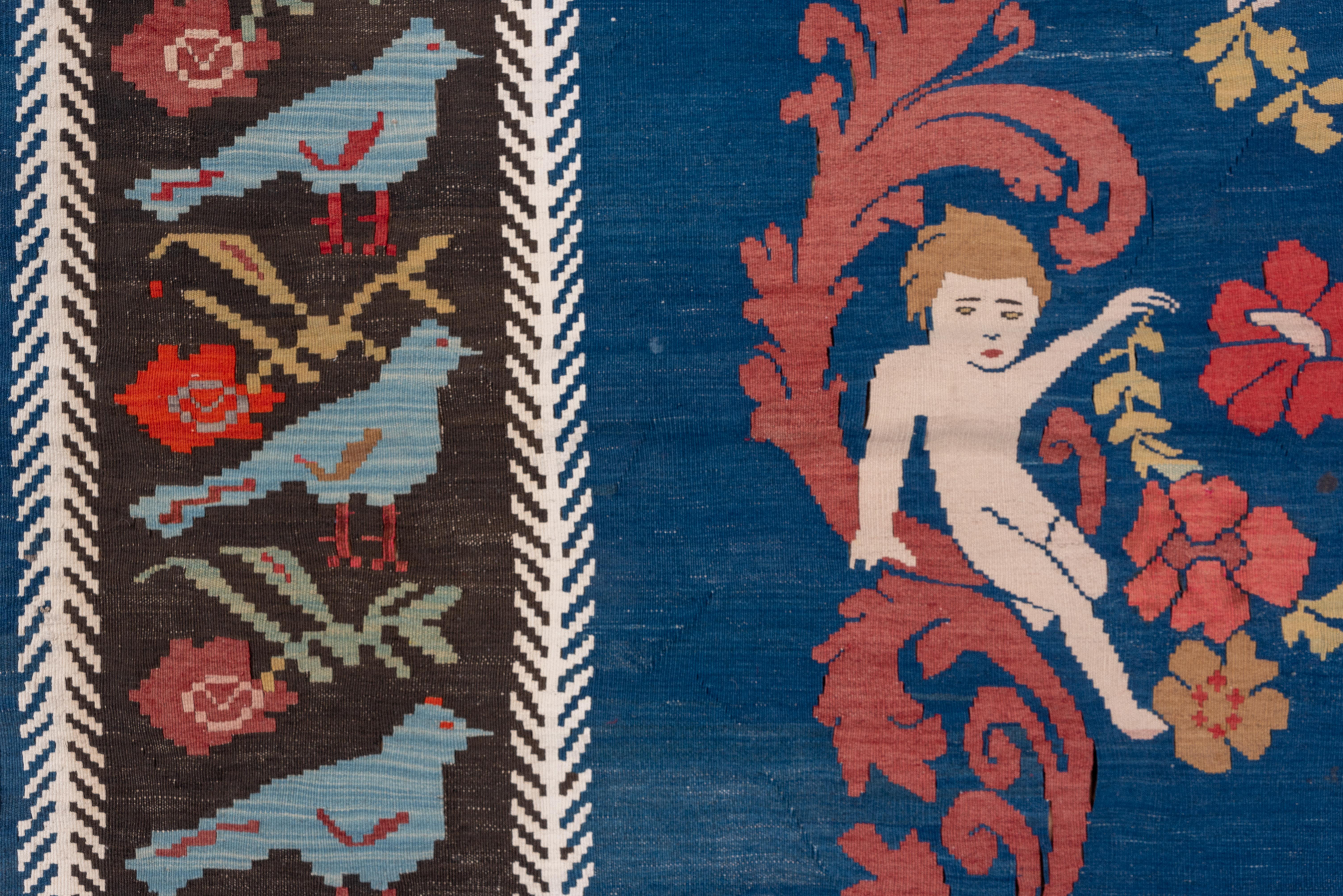 Ungewöhnlicher antiker bulgarischer malerischer Kelim-Teppich, Bordüre mit Vögeln (Wolle) im Angebot