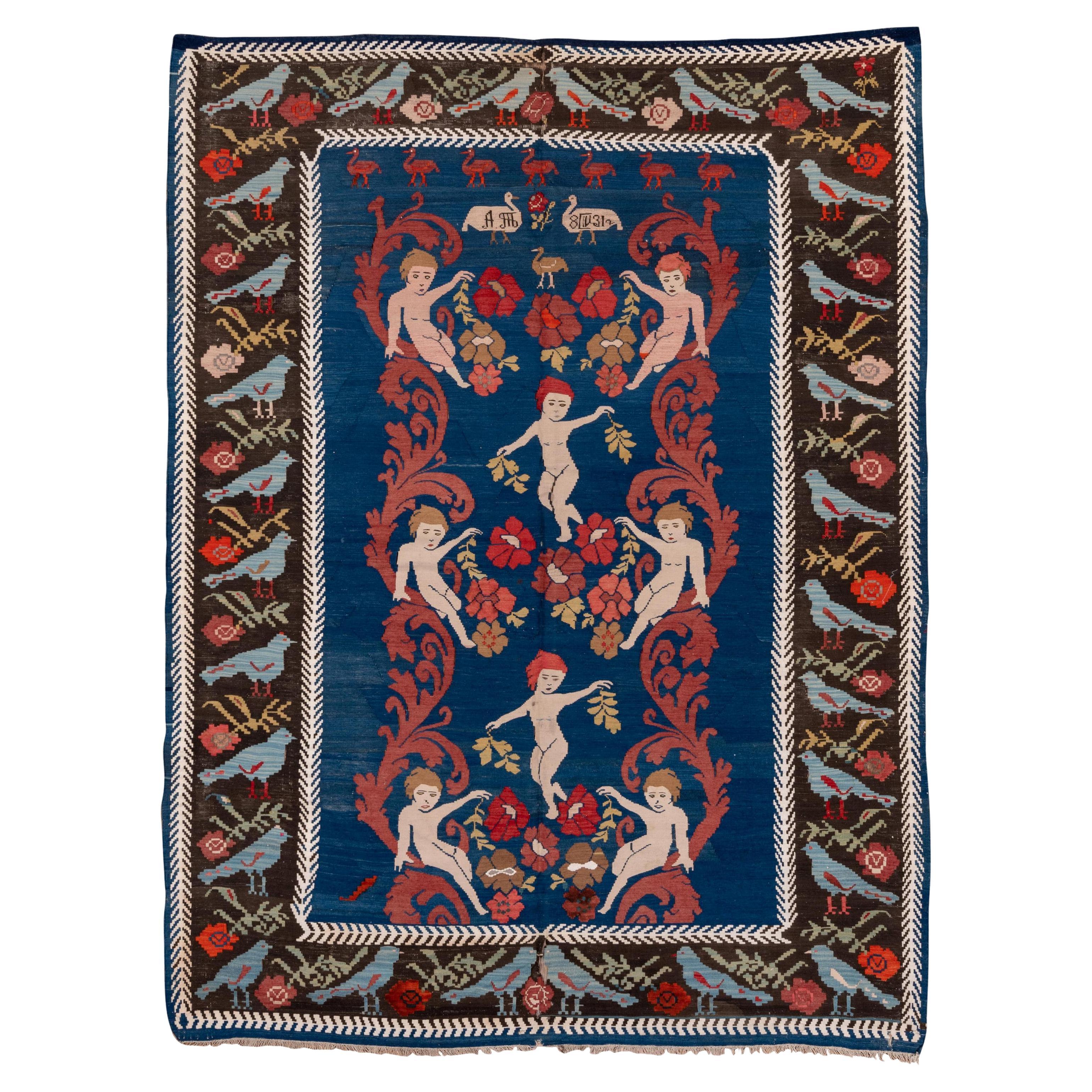 Ungewöhnlicher antiker bulgarischer malerischer Kelim-Teppich, Bordüre mit Vögeln im Angebot