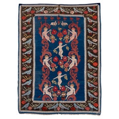 Insolite tapis pictural ancien Bulgarie Kilim, bordure avec oiseaux