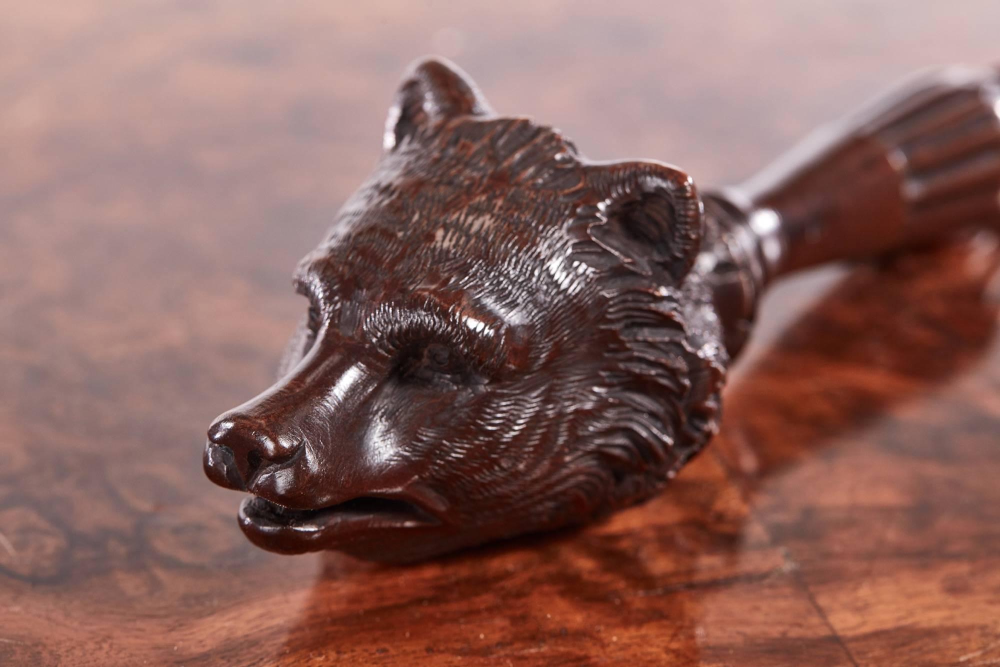 Unusual antique carved Black Forest bear nut cracker original glass eyes and a screw handle
Lovely original color and condition.