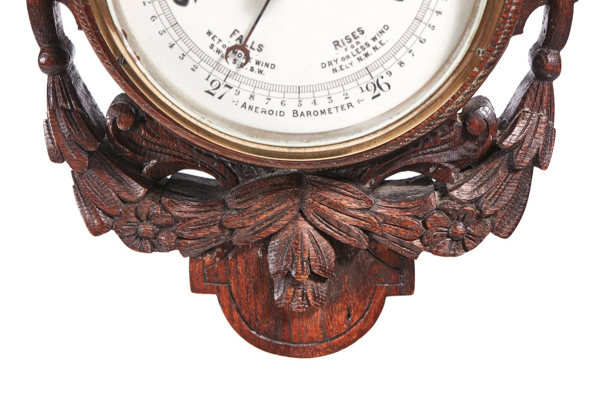 Unusual antique carved oak clock barometer with thermometer, in a lovely case oak case, working older
original key
Lovely color and condition.
Measures: 10