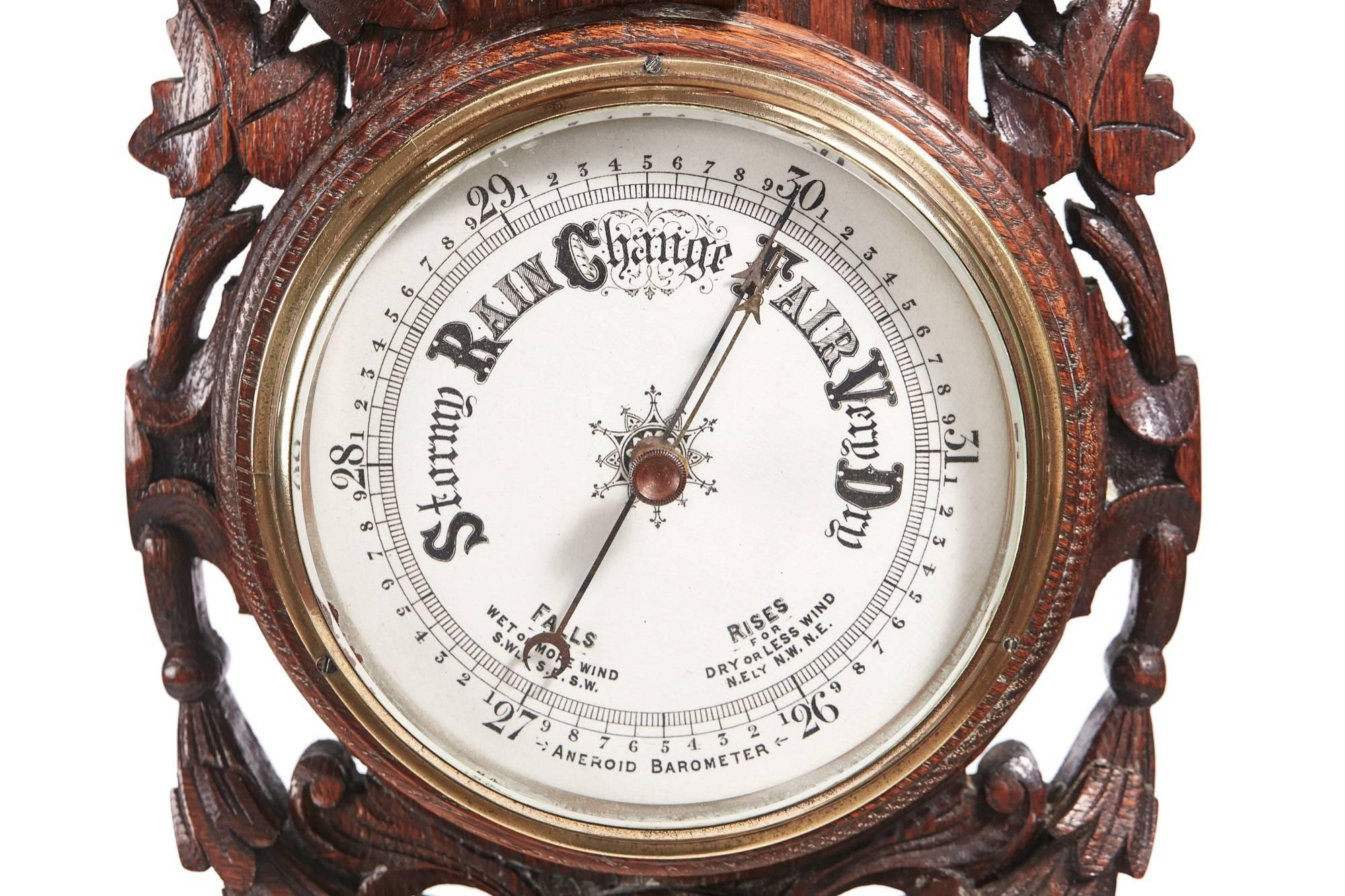 Unusual Antique Carved Oak Barometer 2