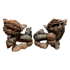 Unusual Antique Chinese Carved Wood Foo Dogs Sculptures