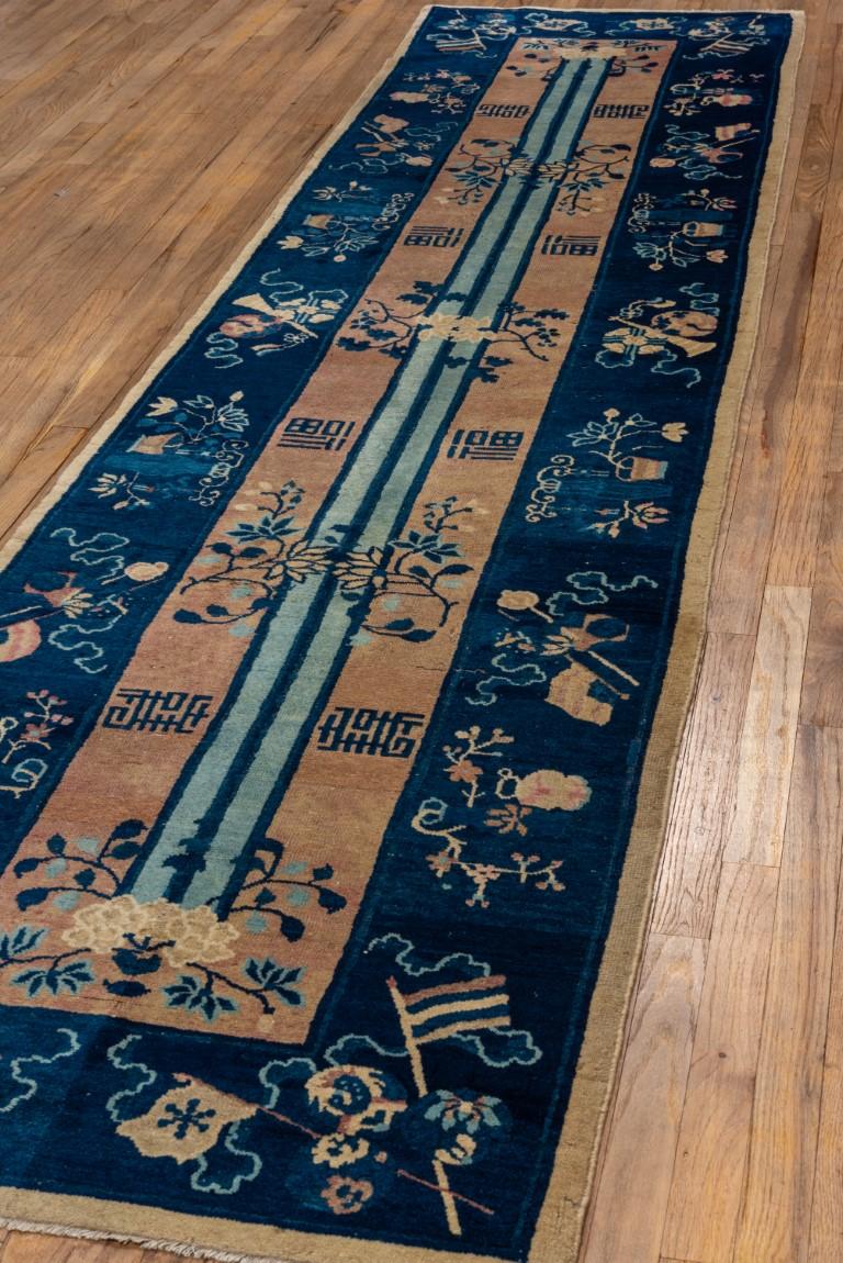 Hand-Knotted Unusual Antique Chinese Runner with Straw Field and Dark Blue Border For Sale