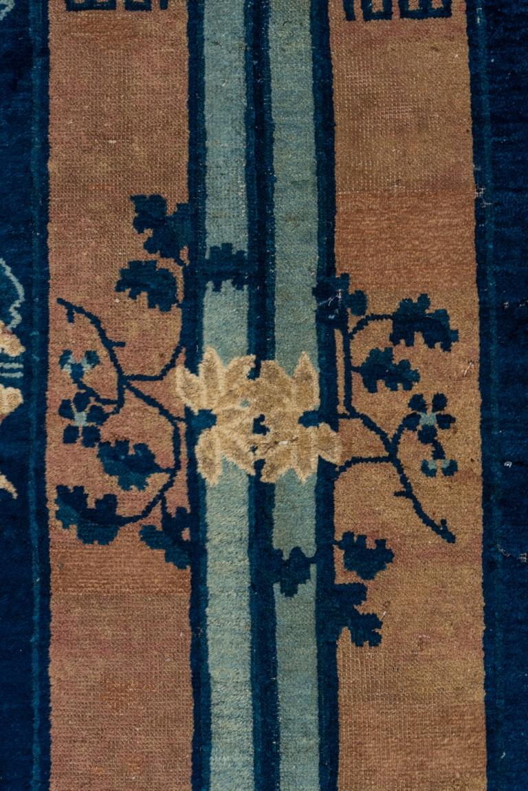 Unusual Antique Chinese Runner with Straw Field and Dark Blue Border In Good Condition For Sale In New York, NY