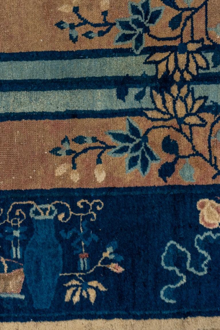20th Century Unusual Antique Chinese Runner with Straw Field and Dark Blue Border For Sale