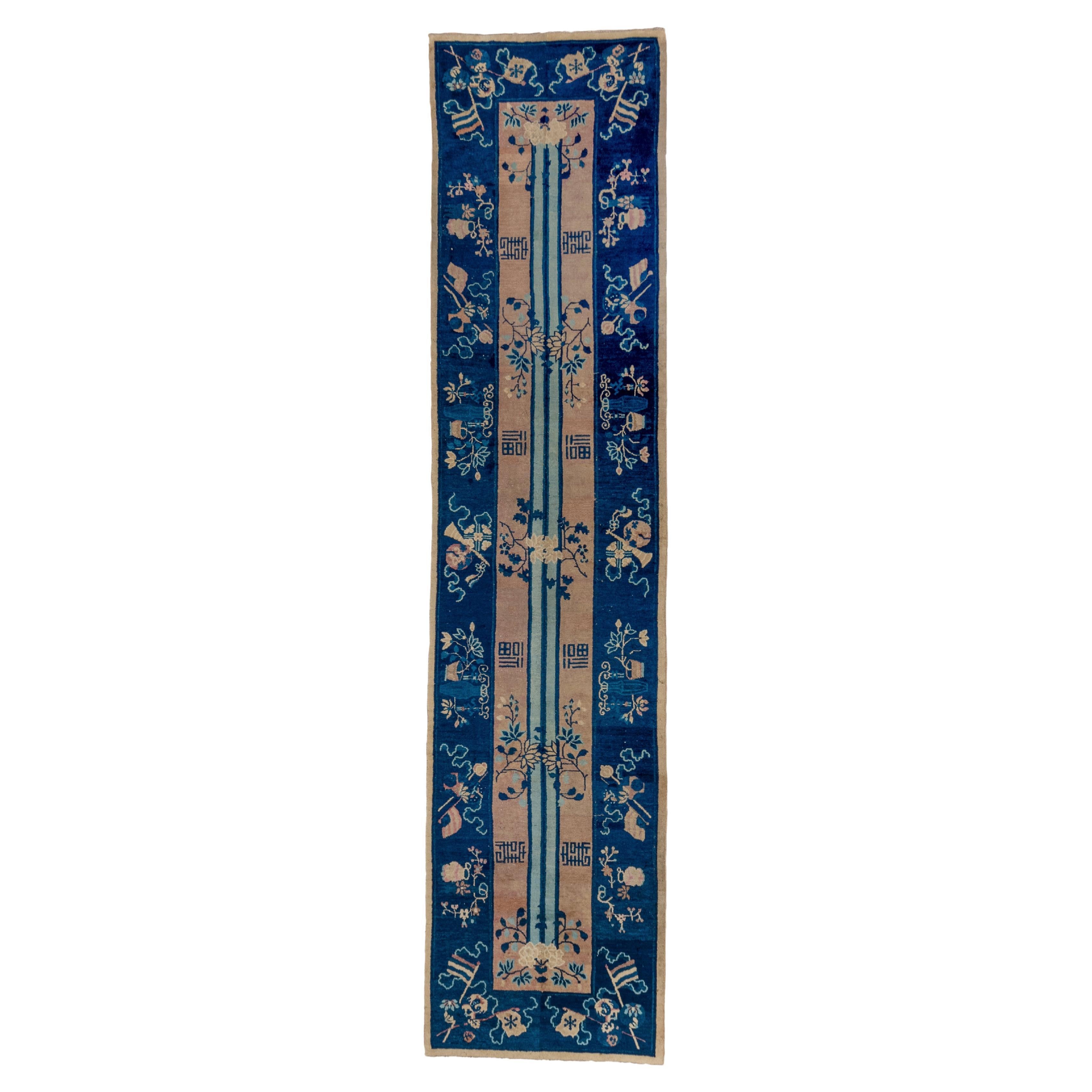 Unusual Antique Chinese Runner with Straw Field and Dark Blue Border For Sale