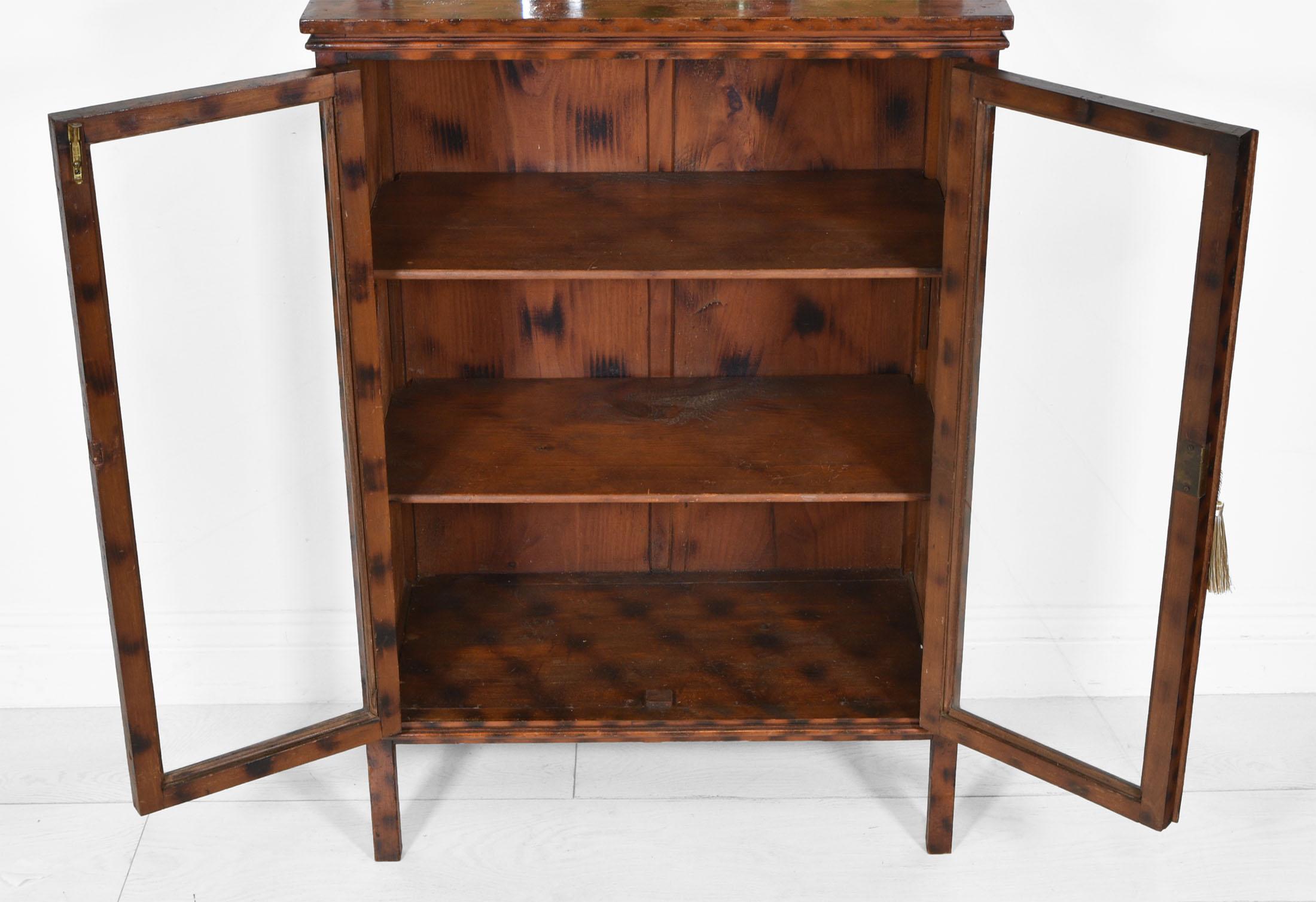 Unusual Antique Decorative Bookcase Cabinet with Original Burnt Pattern Finish For Sale 2