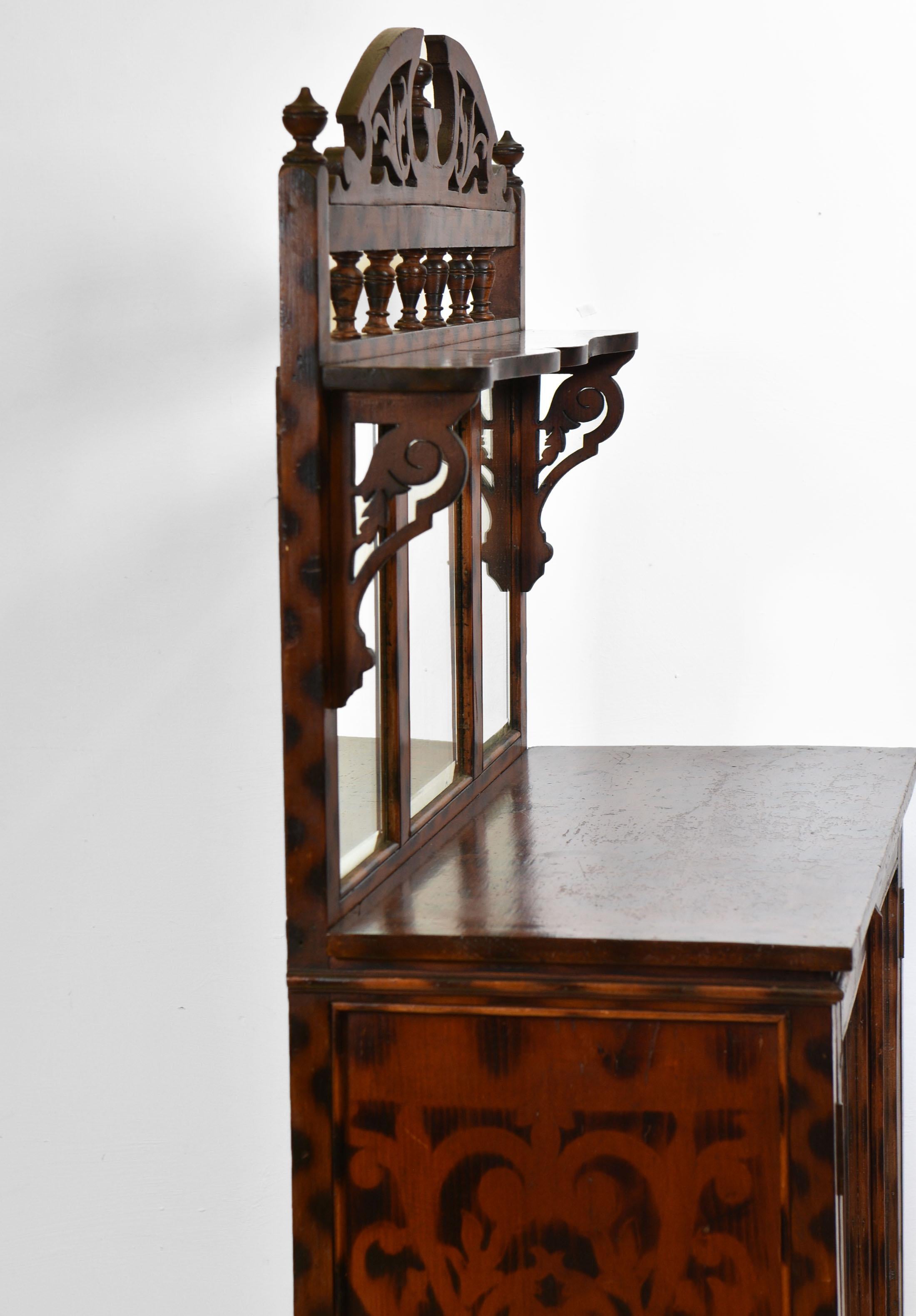 Edwardian Unusual Antique Decorative Bookcase Cabinet with Original Burnt Pattern Finish For Sale