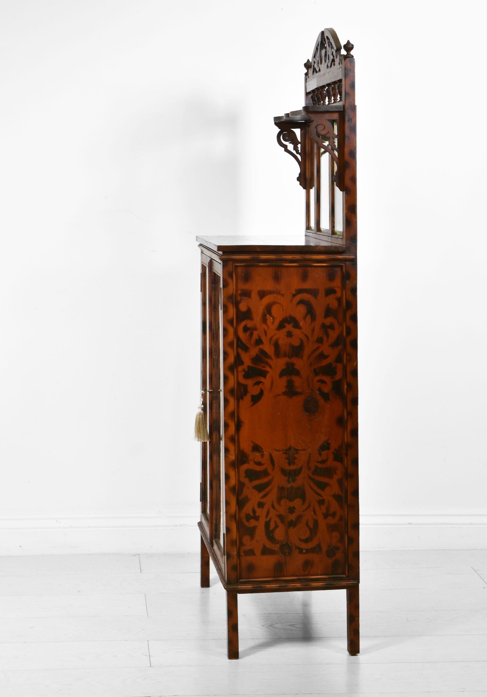 British Unusual Antique Decorative Bookcase Cabinet with Original Burnt Pattern Finish For Sale