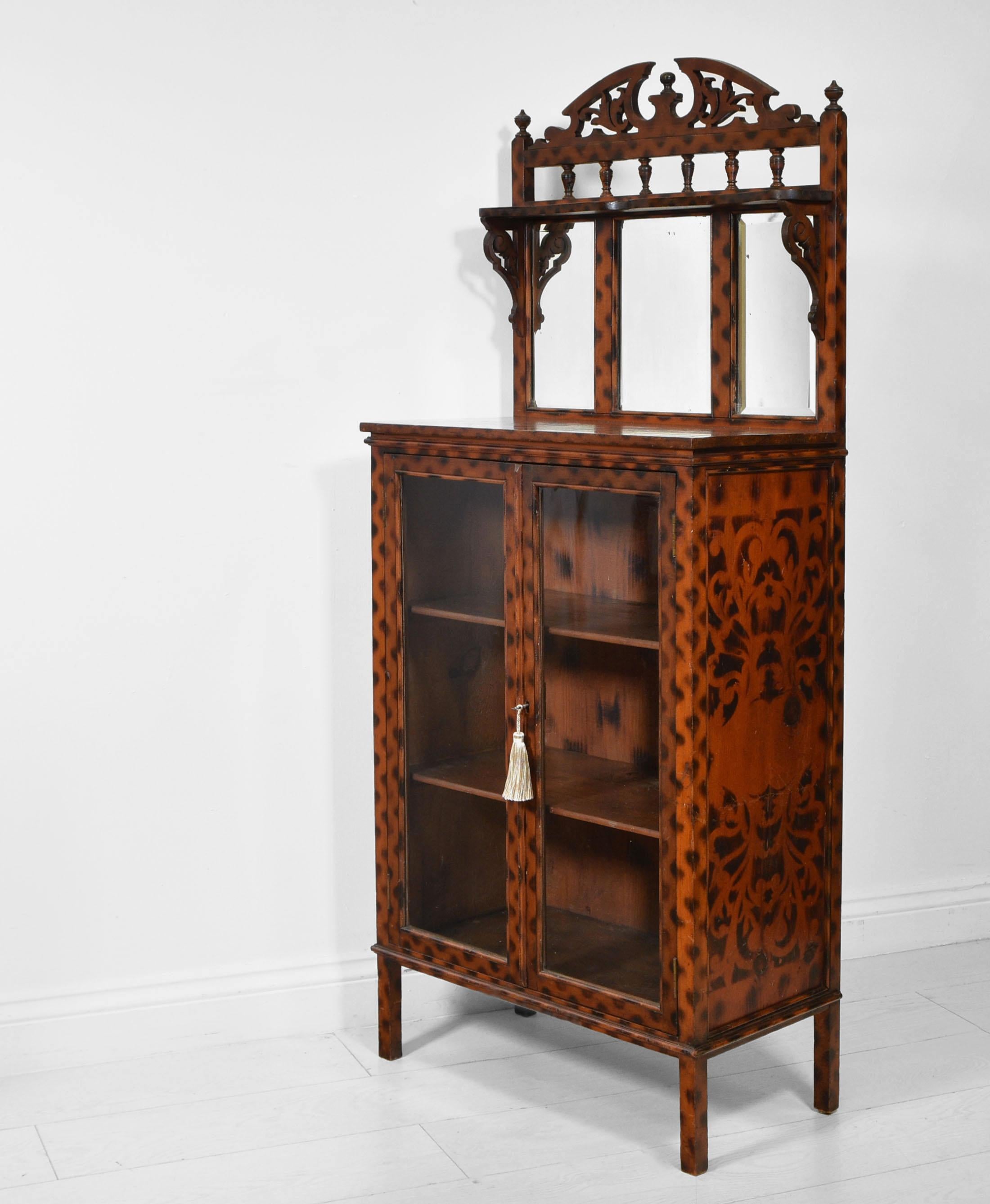 Pine Unusual Antique Decorative Bookcase Cabinet with Original Burnt Pattern Finish For Sale