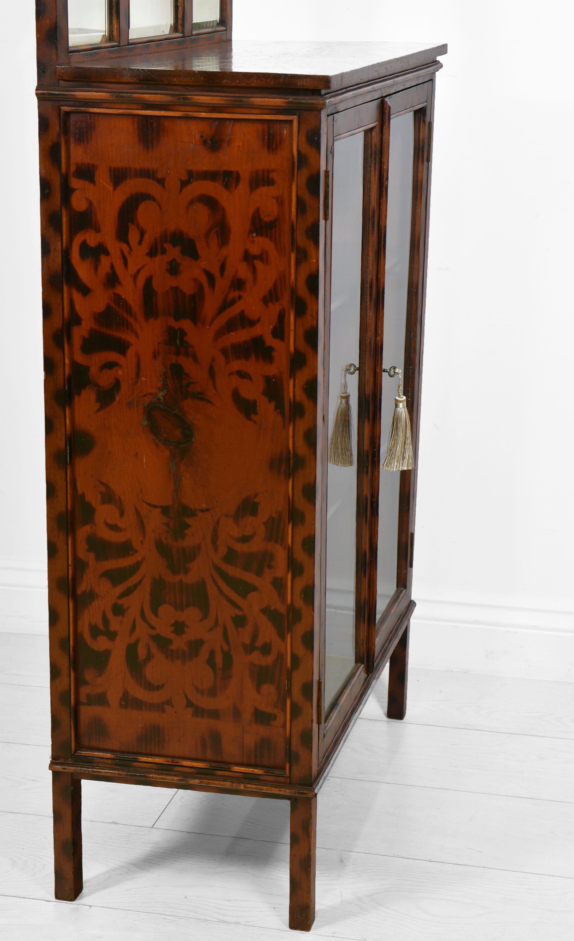 Unusual Antique Decorative Bookcase Cabinet with Original Burnt Pattern Finish For Sale 1
