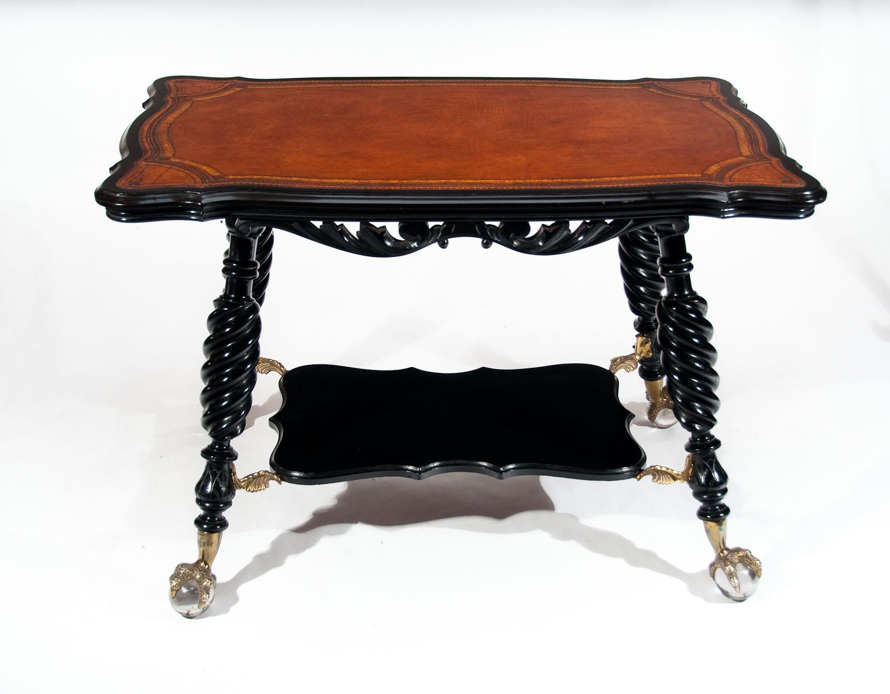 Brass Unusual Antique Ebonized and Leathered Table