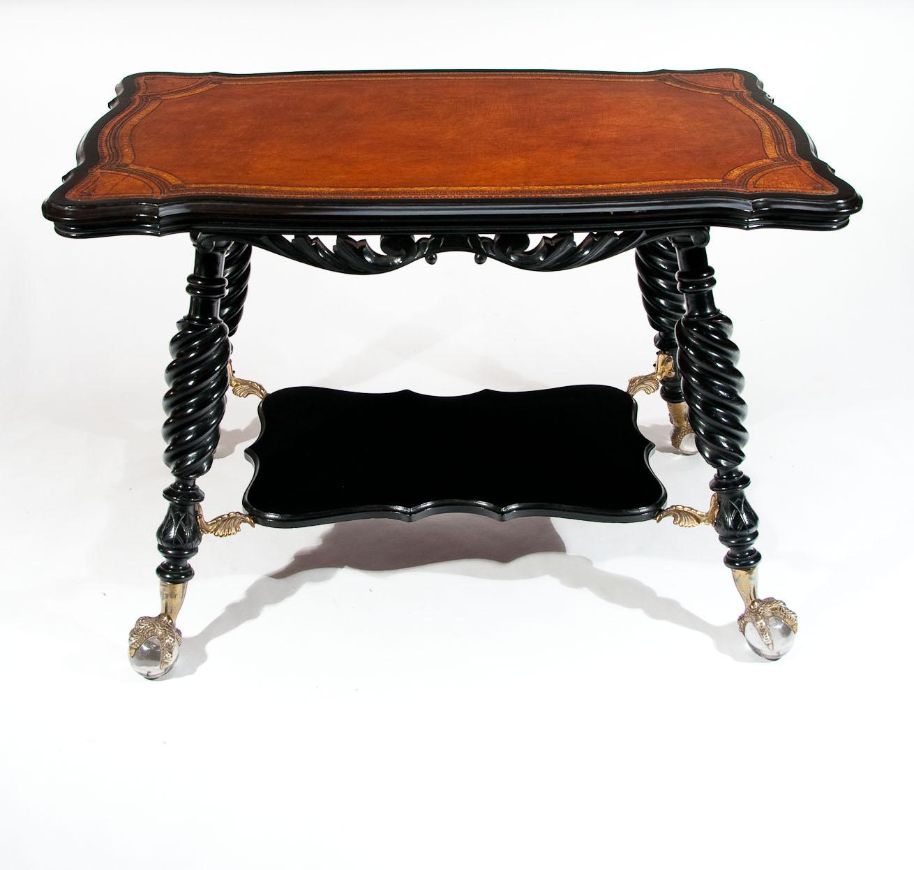 Unusual Antique Ebonized and Leathered Table 1