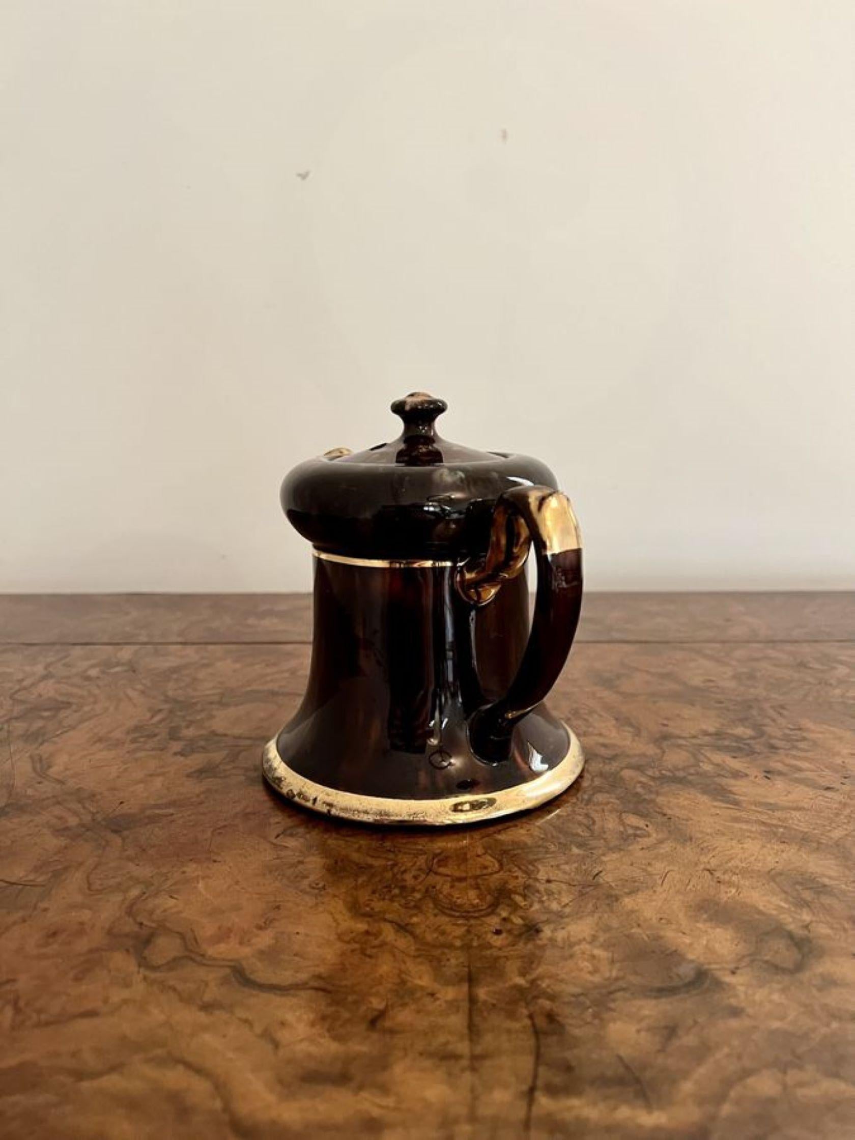 Unusual antique Edwardian glazed brown and gold teapot In Good Condition For Sale In Ipswich, GB