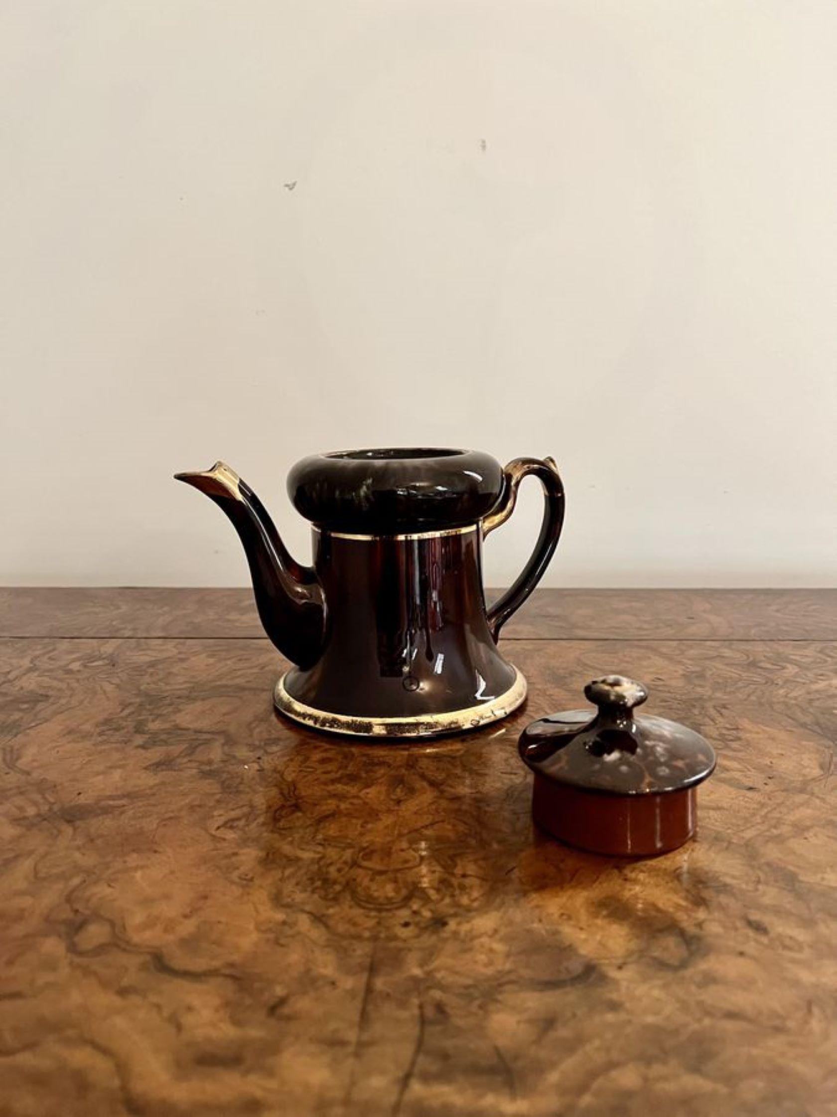 20th Century Unusual antique Edwardian glazed brown and gold teapot For Sale