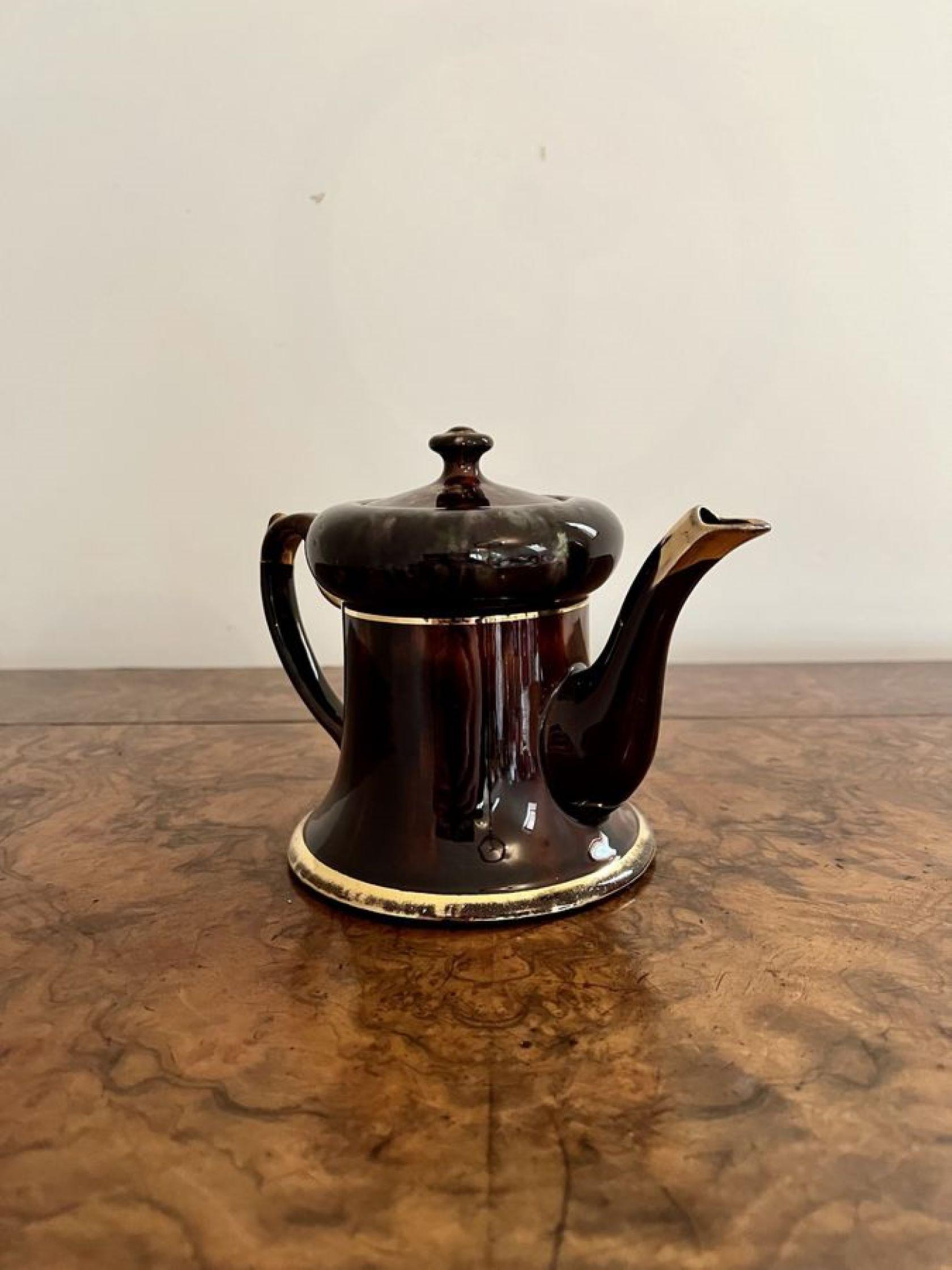Ceramic Unusual antique Edwardian glazed brown and gold teapot For Sale
