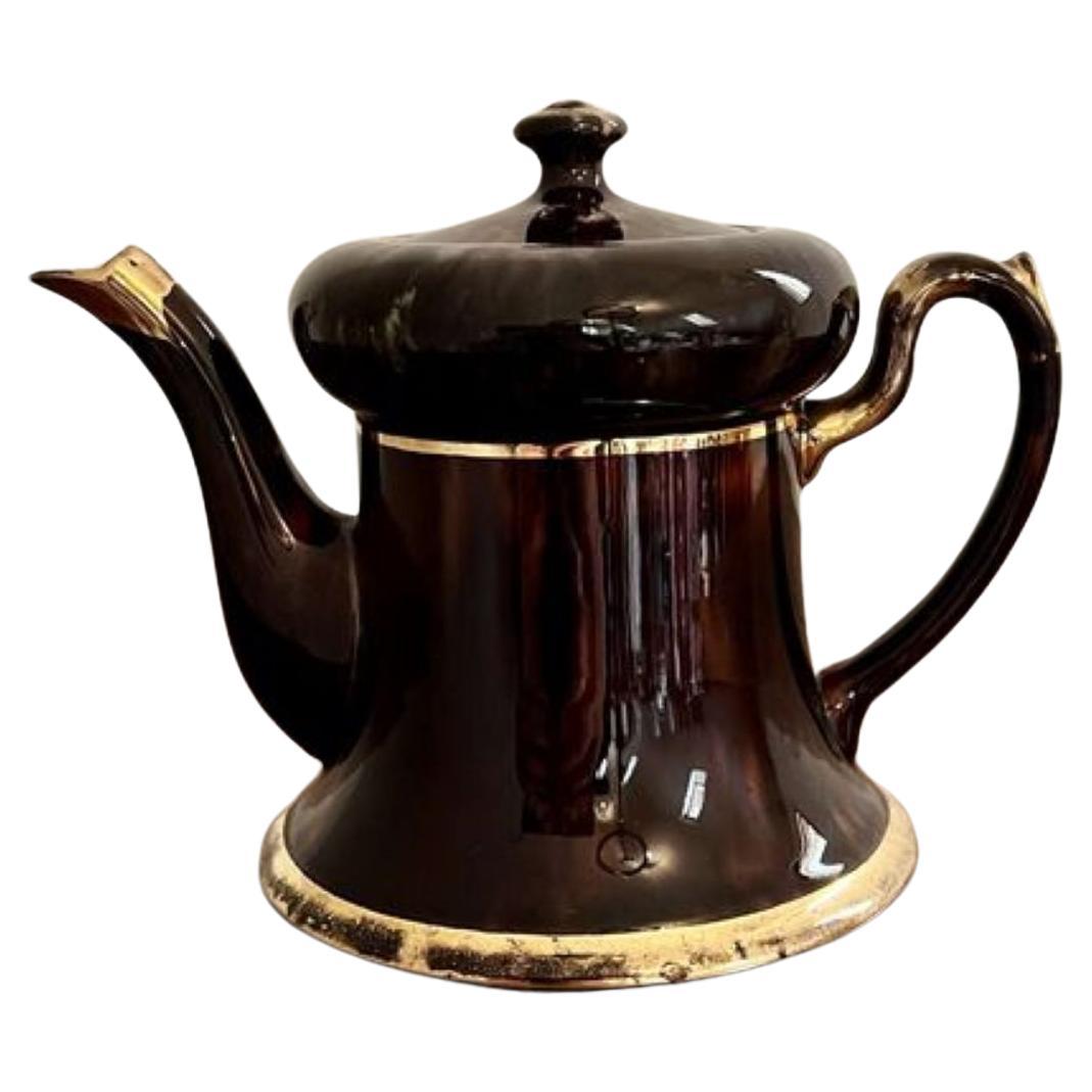 Unusual antique Edwardian glazed brown and gold teapot For Sale