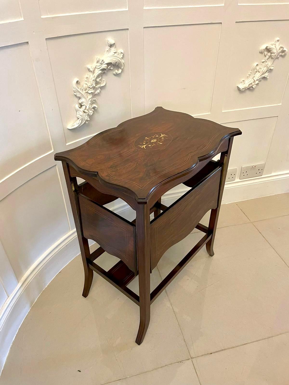 Unusual antique Edwardian inlaid rosewood centre/side table having a pretty inlaid and shaped rosewood top and four unusual inlaid rosewood shaped drop leaves. It stands on four elegant shaped inlaid rosewood legs and united by square