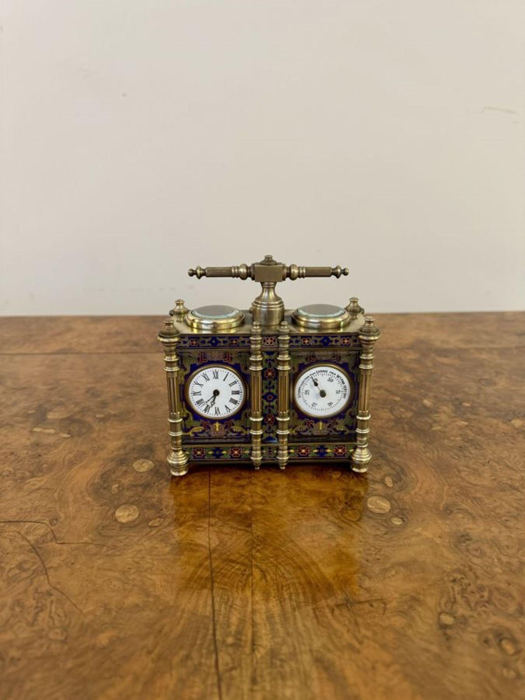 Unusual antique Edwardian quality brass and enamel carriage clock and barometer, with a fantastic quality coloured enamel case with stunning blue, red, green and yellow colours decorated with flowers and scrolls within a ornate brass case, having an