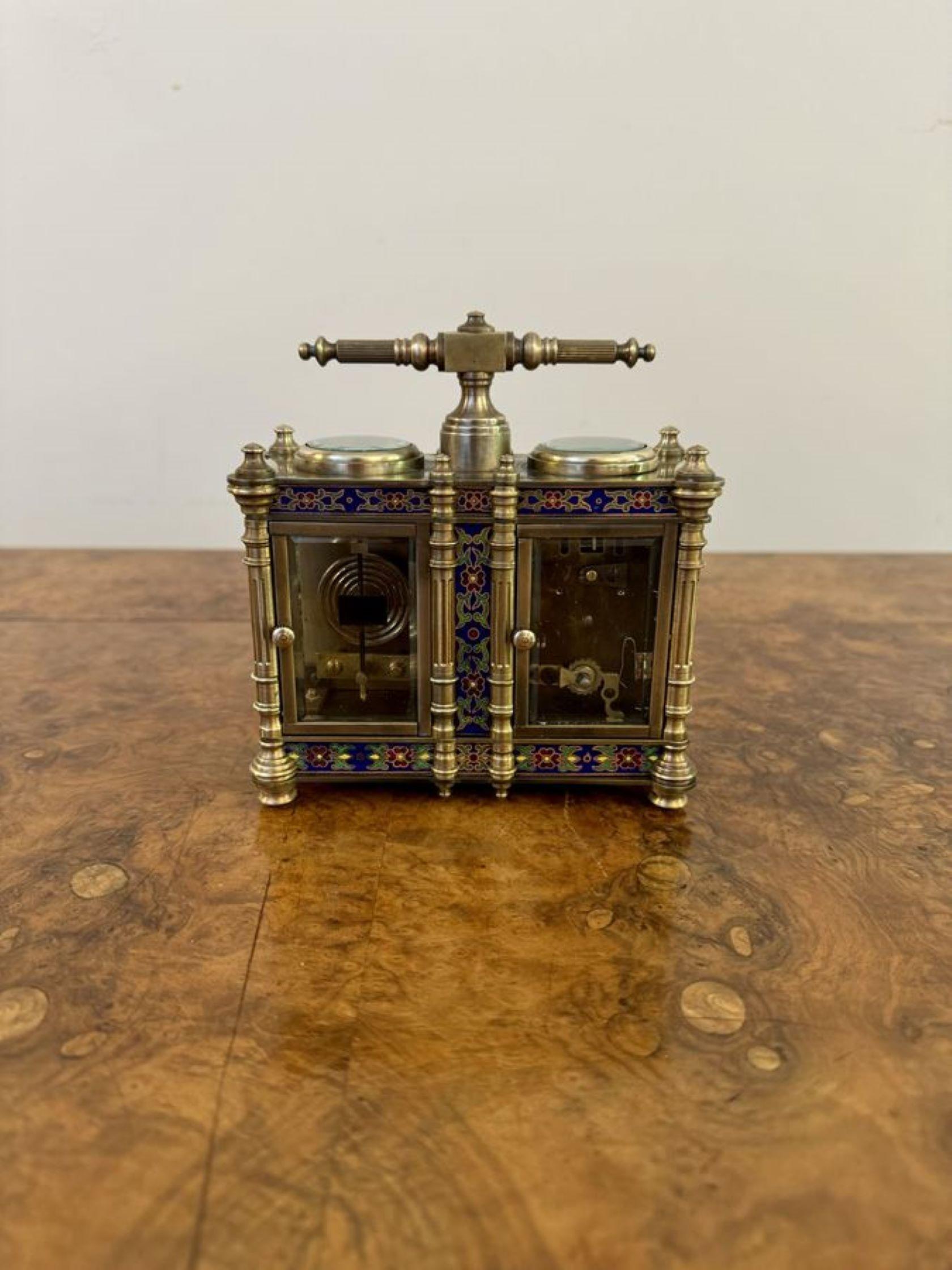 Brass Unusual antique Edwardian quality brass and enamel carriage clock and barometer For Sale