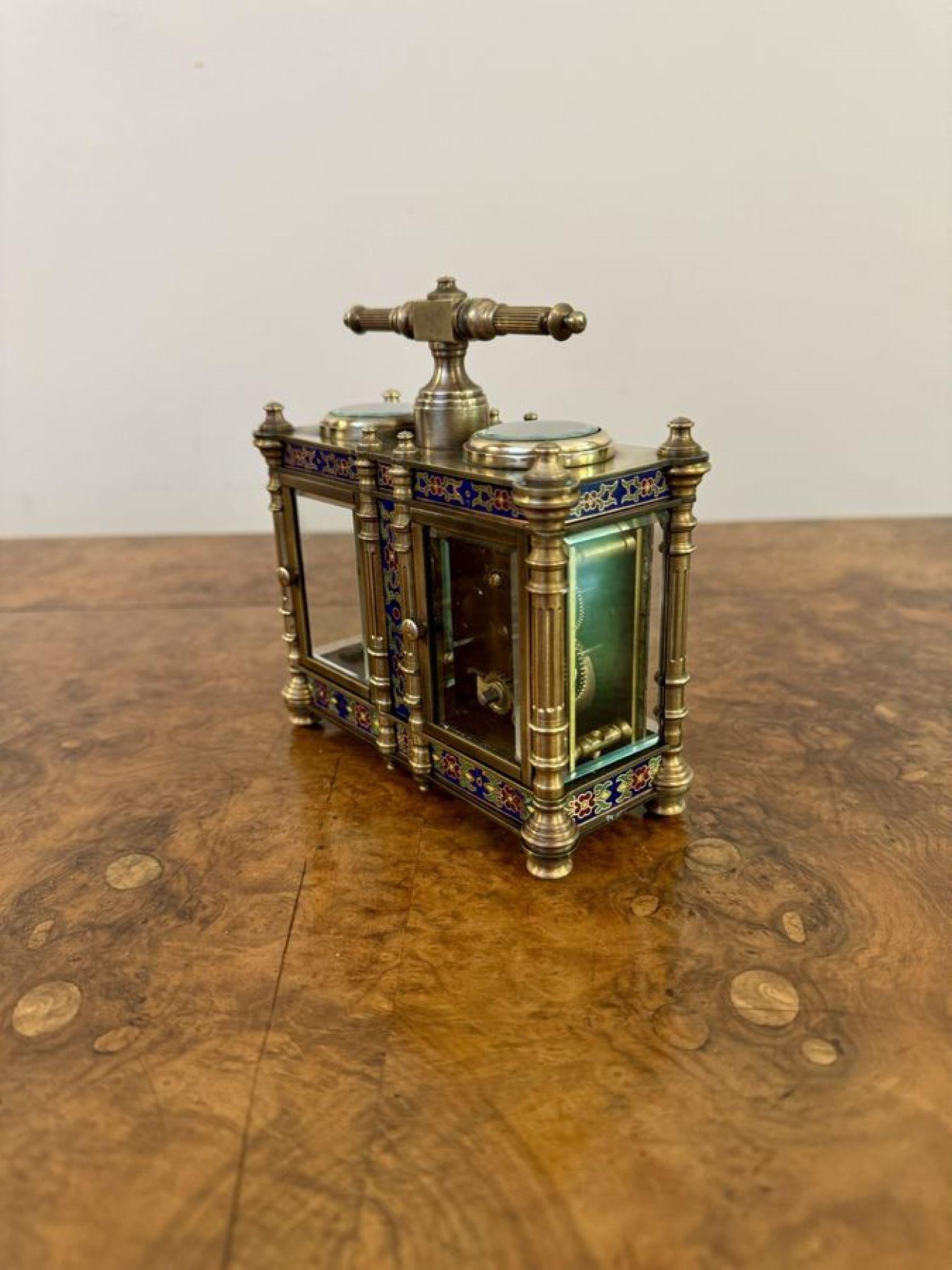 Unusual antique Edwardian quality brass and enamel carriage clock and barometer For Sale 1