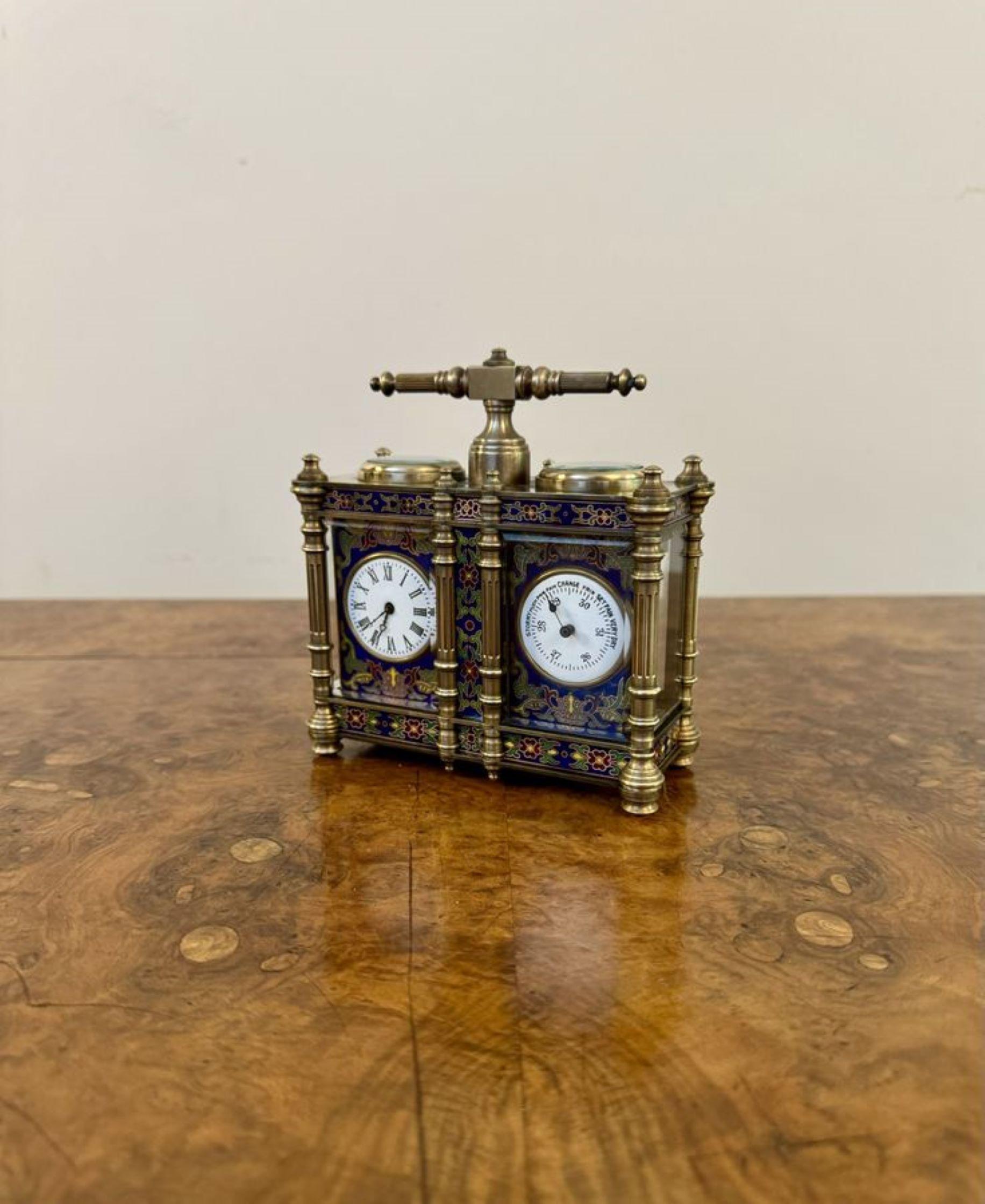 Unusual antique Edwardian quality brass and enamel carriage clock and barometer For Sale 2