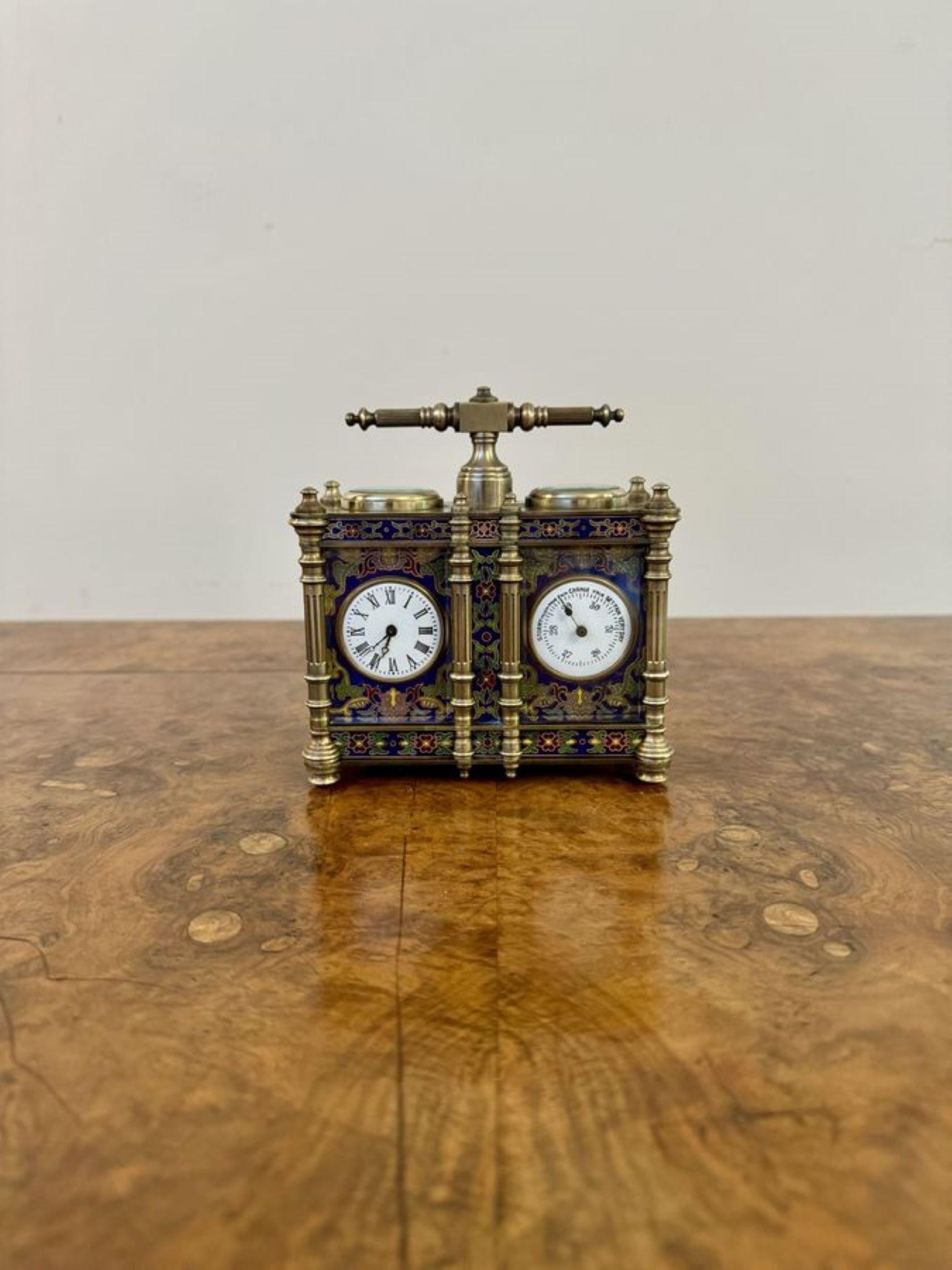 Unusual antique Edwardian quality brass and enamel carriage clock and barometer For Sale 3