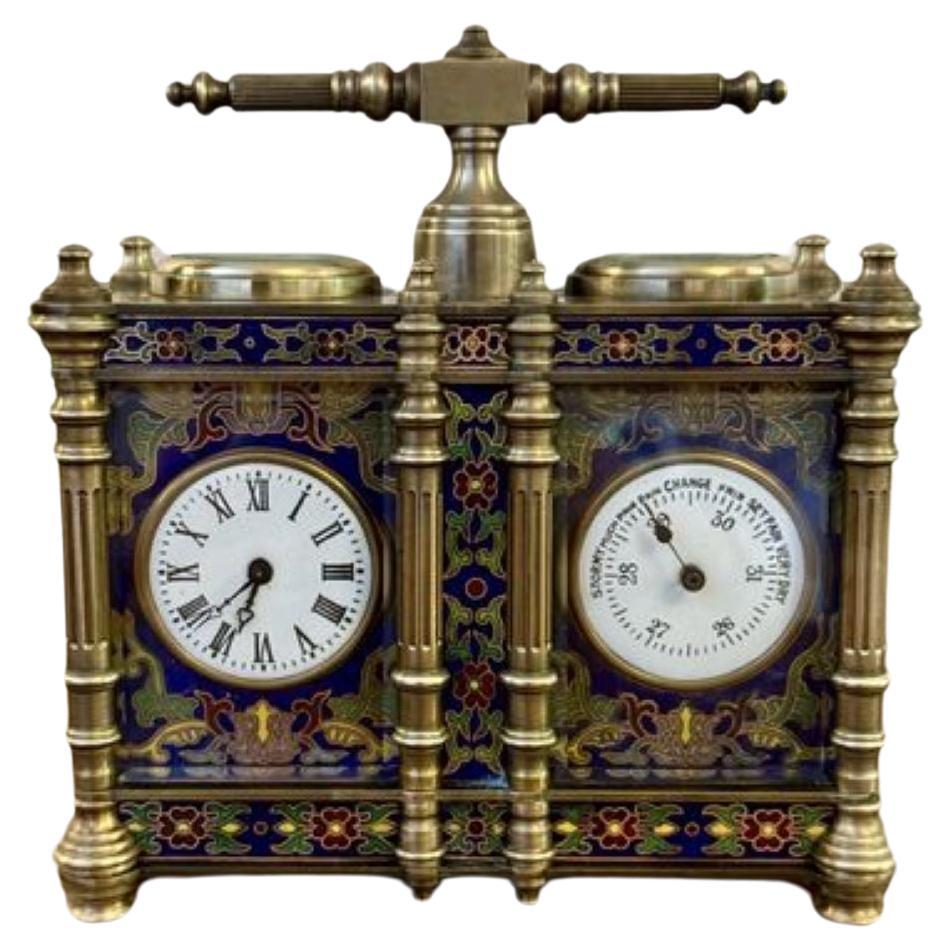 Horloge et baromètre de qualité édouardienne ancienne et inhabituelle à chariot en laiton et émail