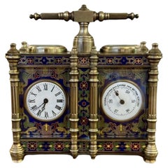 Horloge et baromètre de qualité édouardienne ancienne et inhabituelle à chariot en laiton et émail
