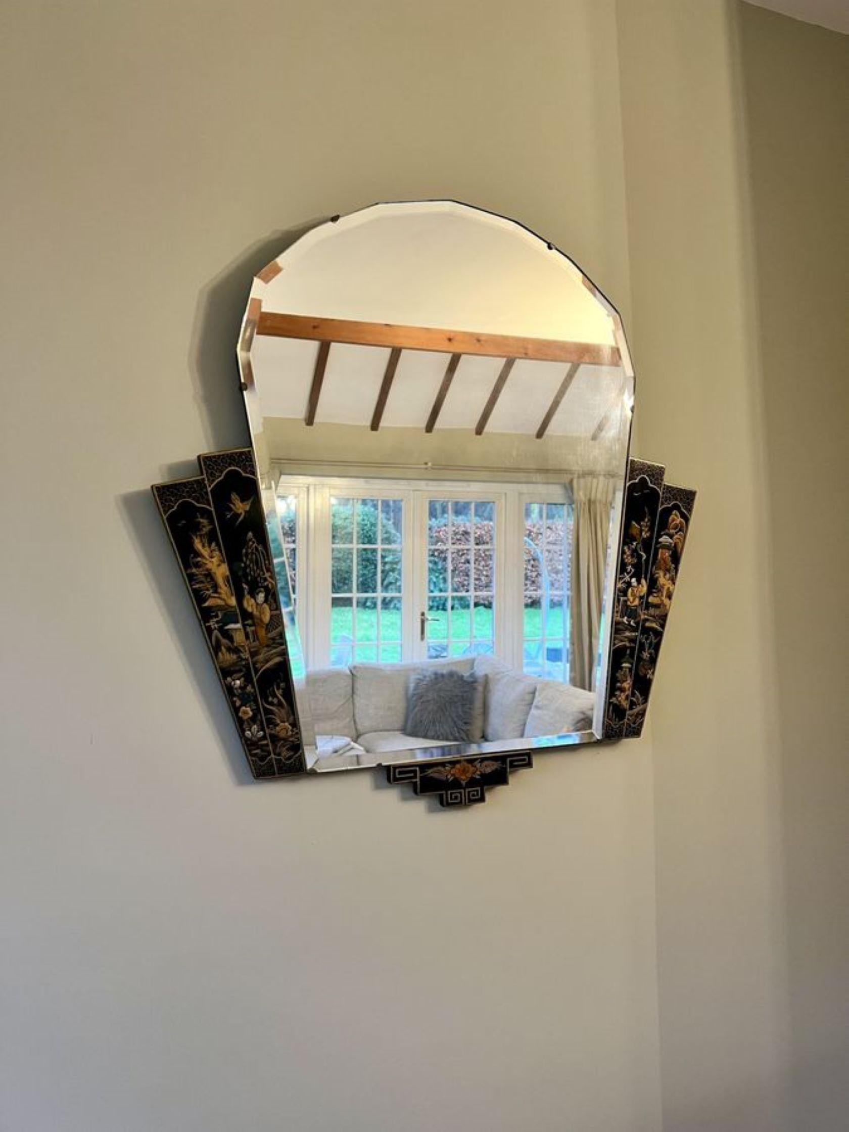 Unusual antique Edwardian quality chinoiserie decorated wall mirror, having a large bevelled edge wall mirror flanked by quality chinoiserie decorated panels. 

D. 1900