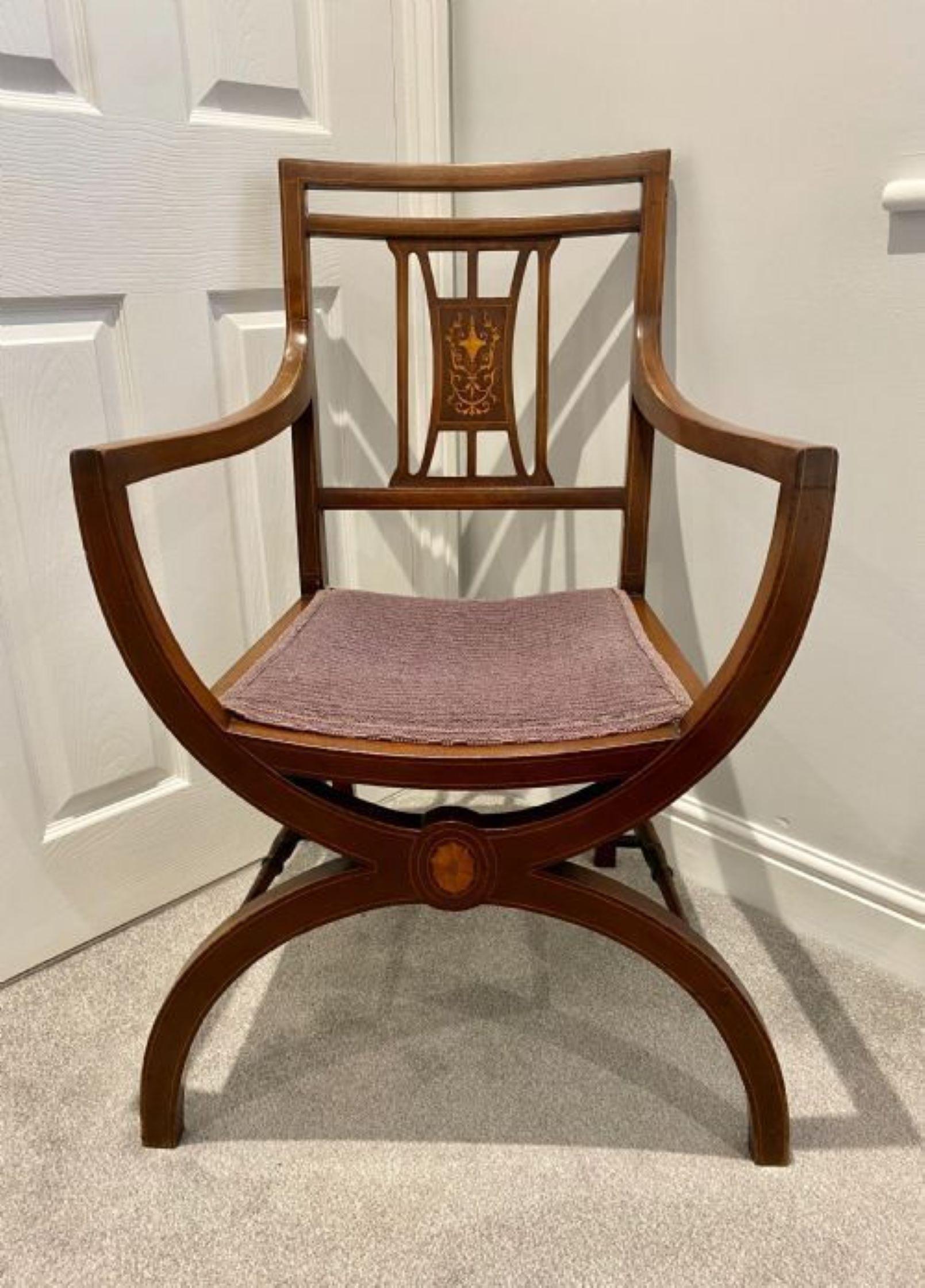 Unusual antique Edwardian quality mahogany inlaid armchair, having a square shaped back with a quality mahogany satinwood inlaid panel to the centre, unusual X shaped open arms and legs to the front with inlaid satinwood shell and stringing,
