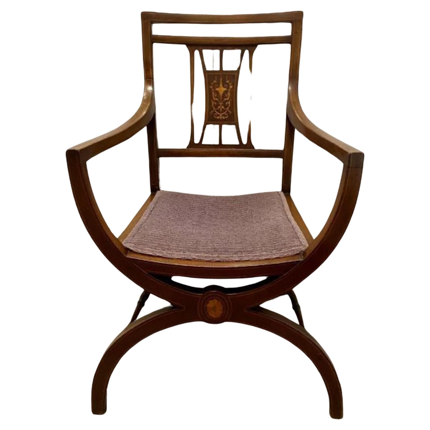 Unusual Antique Edwardian Quality Mahogany Inlaid Armchair For Sale