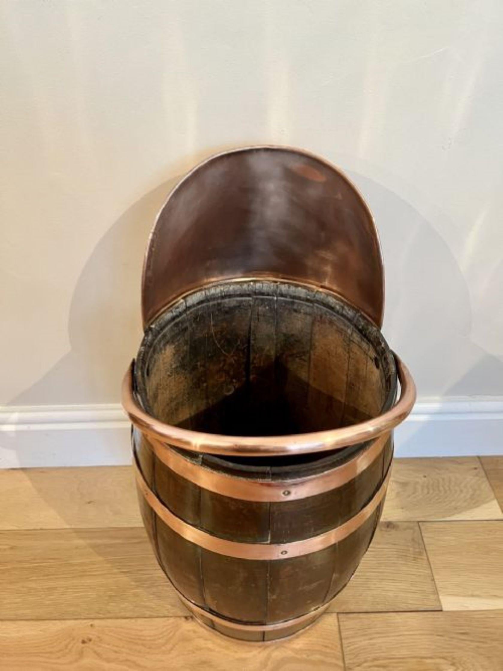 Unusual antique Edwardian quality oak copper bounded coal bucket  In Good Condition For Sale In Ipswich, GB