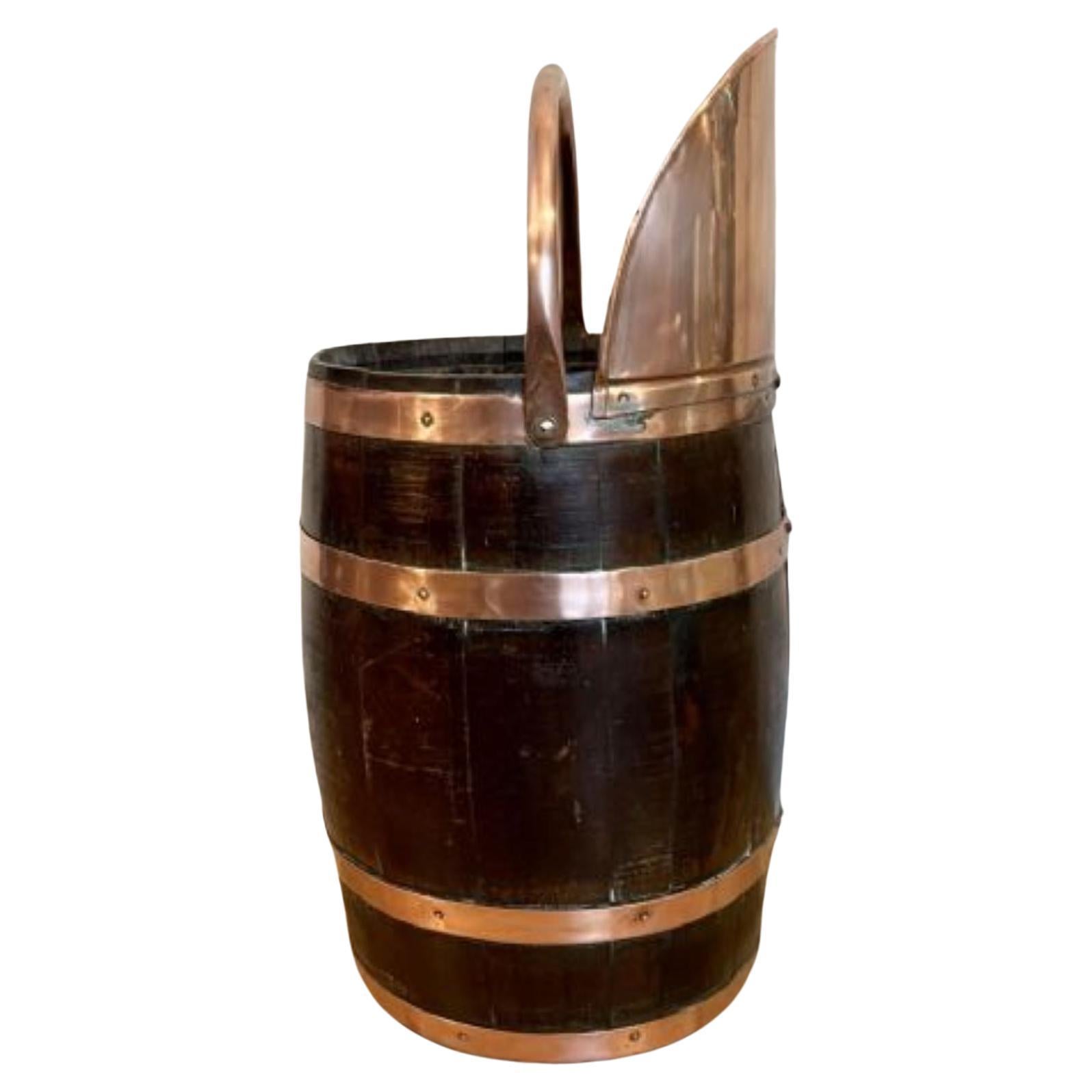 Unusual antique Edwardian quality oak copper bounded coal bucket