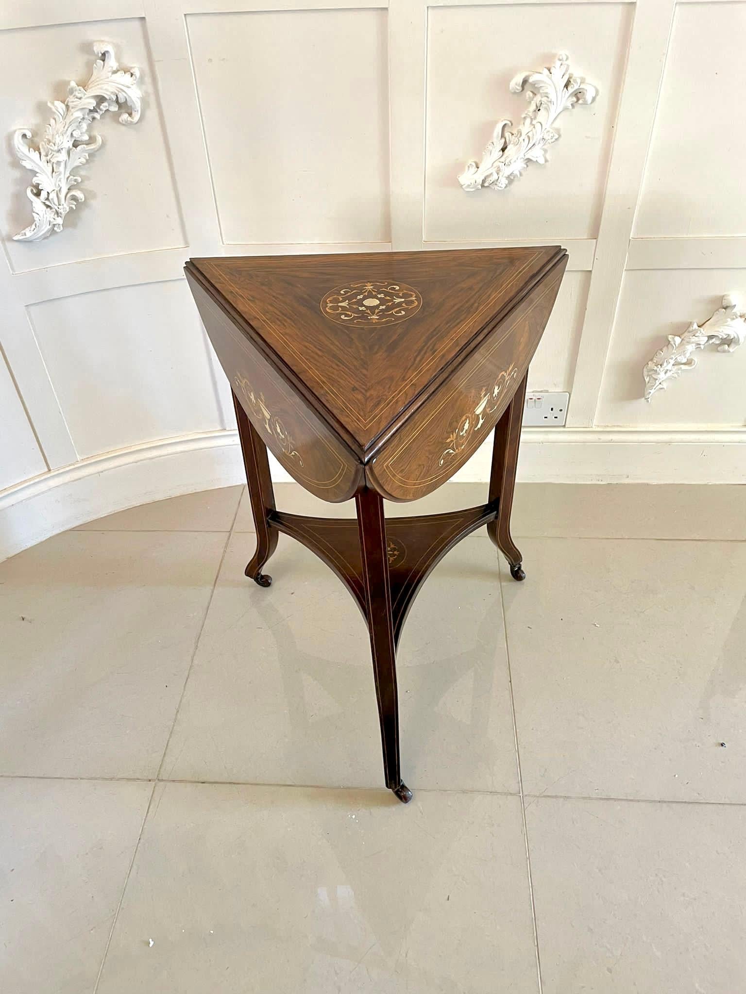 English Unusual Antique Edwardian Quality Rosewood Inlaid Drop Leaf Centre Table For Sale