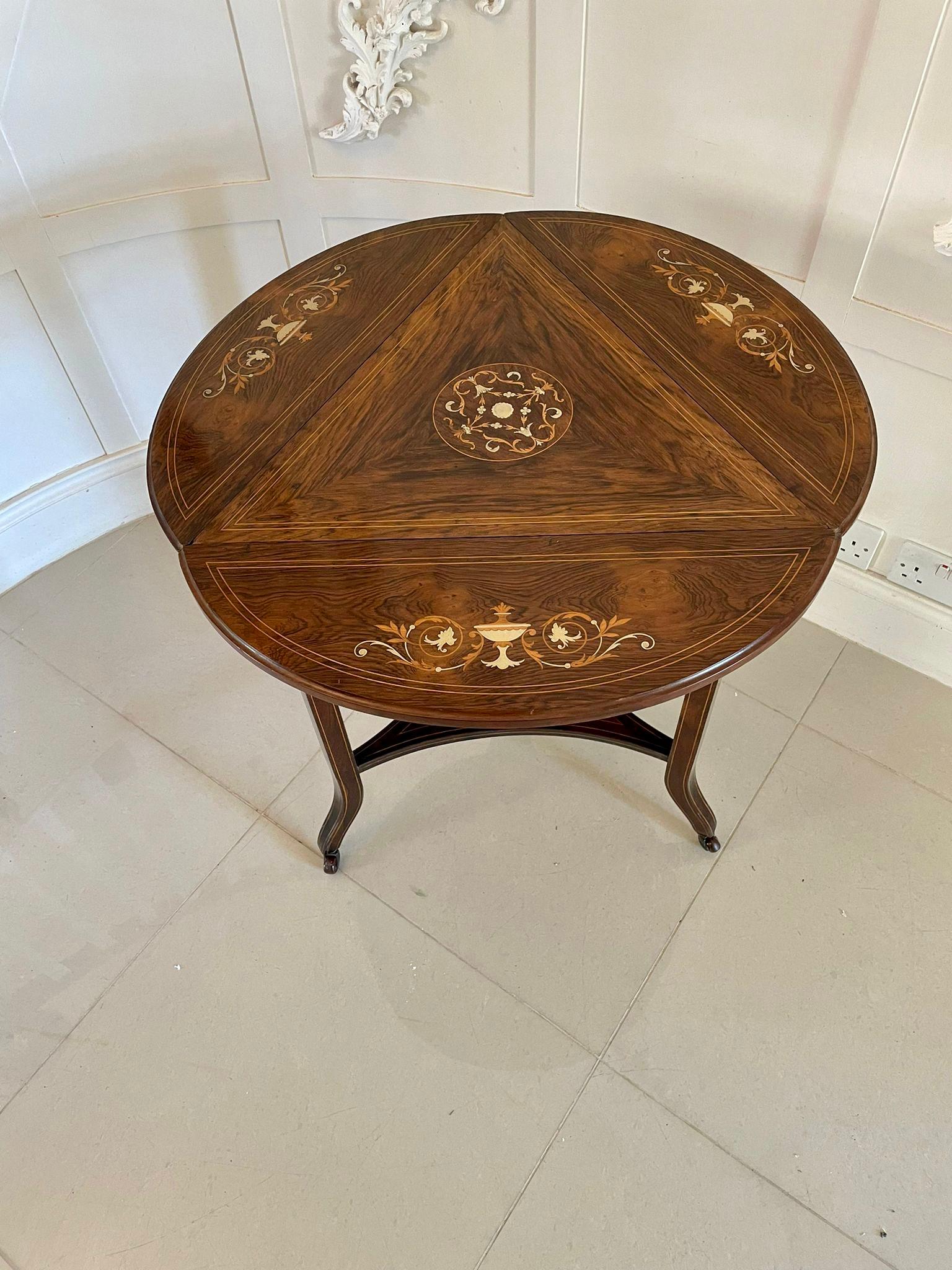Mid-19th Century Unusual Antique Edwardian Quality Rosewood Inlaid Drop Leaf Centre Table For Sale